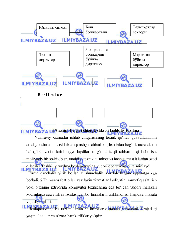  
 
 
  
      
 
 
 
 
    
 
 
           B o‘ l i m l a r 
 
 
 
 
5.7 rasm. To‘g‘ri chiziqli shtabli tashkiliy tuzilma 
Vazifaviy xizmatlar ishlab chiqarishning texnik qo‘llab quvvatlanishini 
amalga oshiradilar, ishlab chiqarishga rahbarlik qilish bilan bog‘lik masalalarni 
hal qilish variantlarini tayyorlaydilar, to‘g‘ri chiziqli rahbarni rejalashtirish, 
moliyaviy hisob-kitoblar, moddiy -texnik ta’minot va boshqa masalalardan ozod 
qiladilar.Tashkiliy tuzilma boshqaruvning yuqori operativligini ta’minlaydi. 
  Firma qanchalik yirik bo‘lsa, u shunchalik shoxlab ketgan apparatga ega 
bo‘ladi. SHu munosabat bilan vazifaviy xizmatlar faoliyatini muvofiqlashtirish 
yoki o‘zining ixtiyorida kompyuter texnikasiga ega bo‘lgan yuqori malakali 
xodimlarga ega yirik ixtisoslashgan bo‘linmalarni tashkil qilish haqidagi masala 
vujudga keladi. 
  Boshqaruvning bu tuzilmalarida bo‘linmalar o‘rtasida gorizontal darajadagi 
yaqin aloqalar va o‘zaro hamkorliklar yo‘qdir. 
Юридик хизмат 
Бош 
бошқарувчи 
Тадқиқотлар 
сектори 
Техник 
директор 
Захираларни 
бошқариш 
бўйича 
директор 
Маркетинг 
бўйича 
директор 
