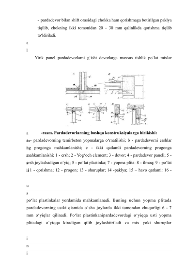 - pardadevor bilan shift orasidagi chokka ham qorishmaga botirilgan paklya 
tiqilib, chokning ikki tomonidan 20 - 30 mm qalinlikda qorishma tiqilib 
to‘ldiriladi. 
a
l
o
h
i
d
a
 
m
a
h
k
a
m
l
a
s
h
 
u
s
u
l
l
a
r
i
n
i
Yirik panel pardadevorlarni g‘isht devorlarga maxsus tishlik po‘lat mixlar  
 
 
-rasm. Pardadevorlarning boshqa konstruksiyalarga birikishi: 
a - pardadevorning temirbeton yopmalarga o‘rnatilishi; b - pardadevorni ershlar 
ng progonga mahkamlanishi; e - ikki qatlamli pardadevorning progonga 
mahkamlanishi; 1 - ersh; 2 - Yog‘och element; 3 - devor; 4 - pardadevor paneli; 5 - 
ersh joylashadigan o‘yiq; 5 - po‘lat plastinka; 7 - yopma plita: 8 - ilmoq; 9 - po‘lat 
 11 - qorishma; 12 - progon; 13 - shuruplar; 14 -paklya; 15 – havo qatlami: 16 - 
 
po‘lat plastinkalar yordamida mahkamlanadi. Buning uchun yopma plitada 
pardadevorning ustki qismida o‘sha joylarda ikki tomondan chuqurligi 6 - 7 
mm o‘yiqlar qilinadi. Po‘lat plastinkanipardadevordagi o‘yiqqa usti yopma 
plitadagi o‘yiqqa kiradigan qilib joylashtiriladi va mix yoki shuruplar 
 
