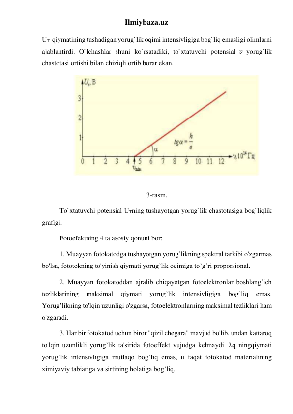 Ilmiybaza.uz 
UT  qiymatining tushadigan yorug`lik oqimi intensivligiga bog`liq emasligi olimlarni 
ajablantirdi. O`lchashlar shuni ko`rsatadiki, to`xtatuvchi potensial 𝑣  yorug`lik 
chastotasi ortishi bilan chiziqli ortib borar ekan. 
                  
 
3-rasm. 
To`xtatuvchi potensial UTning tushayotgan yorug`lik chastotasiga bog`liqlik 
grafigi. 
Fotoefektning 4 ta asosiy qonuni bor: 
1. Muayyan fotokatodga tushayotgan yorug’likning spektral tarkibi o'zgarmas 
bo'lsa, fototokning to'yinish qiymati yorug’lik oqimiga to’g’ri proporsional. 
2. Muayyan fotokatoddan ajralib chiqayotgan fotoelektronlar boshlang’ich 
tezliklarining 
maksimal 
qiymati 
yorug’lik 
intensivligiga 
bog’liq 
emas. 
Yorug’likning to'lqin uzunligi o'zgarsa, fotoelektronlarning maksimal tezliklari ham 
o'zgaradi. 
3. Har bir fotokatod uchun biror "qizil chegara" mavjud bo'lib, undan kattaroq 
to'lqin uzunlikli yorug’lik ta'sirida fotoeffekt vujudga kelmaydi. λq ningqiymati 
yorug’lik intensivligiga mutlaqo bog’liq emas, u faqat fotokatod materialining 
ximiyaviy tabiatiga va sirtining holatiga bog’liq. 
