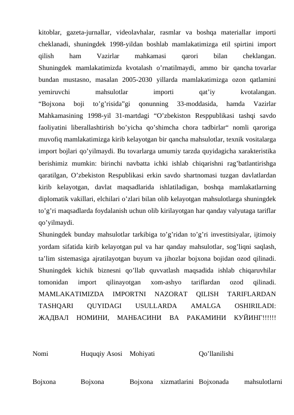 kitoblar,  gazeta-jurnallar,  videolavhalar,  rasmlar  va  boshqa  materiallar  importi
cheklanadi, shuningdek 1998-yildan boshlab mamlakatimizga etil spirtini import
qilish
 
ham
 
Vazirlar
 
mahkamasi
 
qarori
 
bilan
 
cheklangan.
Shuningdek  mamlakatimizda  kvotalash  o’rnatilmaydi,  ammo  bir  qancha tovarlar
bundan  mustasno,  masalan  2005-2030  yillarda  mamlakatimizga  ozon  qatlamini
yemiruvchi
 
mahsulotlar
 
importi
 
qat’iy
 
kvotalangan.
“Bojxona  boji  to’g’risida”gi  qonunning  33-moddasida,  hamda  Vazirlar
Mahkamasining  1998-yil  31-martdagi  “O’zbekiston  Resppublikasi  tashqi  savdo
faoliyatini  liberallashtirish  bo’yicha  qo’shimcha  chora  tadbirlar“  nomli  qaroriga
muvofiq mamlakatimizga kirib kelayotgan bir qancha mahsulotlar, texnik vositalarga
import bojlari qo’yilmaydi. Bu tovarlarga umumiy tarzda quyidagicha xarakteristika
berishimiz  mumkin:  birinchi  navbatta  ichki  ishlab  chiqarishni  rag’batlantirishga
qaratilgan, O’zbekiston Respublikasi erkin savdo shartnomasi tuzgan davlatlardan
kirib  kelayotgan,  davlat  maqsadlarida  ishlatiladigan,  boshqa  mamlakatlarning
diplomatik vakillari, elchilari o’zlari bilan olib kelayotgan mahsulotlarga shuningdek
to’g’ri maqsadlarda foydalanish uchun olib kirilayotgan har qanday valyutaga tariflar
qo’yilmaydi.
Shuningdek bunday mahsulotlar tarkibiga to’g’ridan to’g’ri investitsiyalar, ijtimoiy
yordam sifatida kirib kelayotgan pul va har qanday mahsulotlar, sog’liqni saqlash,
ta’lim sistemasiga ajratilayotgan buyum va jihozlar bojxona bojidan ozod qilinadi.
Shuningdek  kichik  biznesni  qo’llab  quvvatlash  maqsadida  ishlab  chiqaruvhilar
tomonidan  import  qilinayotgan  xom-ashyo  tariflardan  ozod  qilinadi.
MAMLAKATIMIZDA  IMPORTNI  NAZORAT  QILISH  TARIFLARDAN
TASHQARI
 
QUYIDAGI
 
USULLARDA
 
AMALGA
 
OSHIRILADI:
ЖАДВАЛ 
НОМИНИ,
 МАНБАСИНИ 
ВА 
РАКАМИНИ 
КУЙИНГ!!!!!!
Nomi
Huquqiy Asosi
Mohiyati
Qo’llanilishi
Bojxona
Bojxona
Bojxona  xizmatlarini Bojxonada
 
mahsulotlarni
