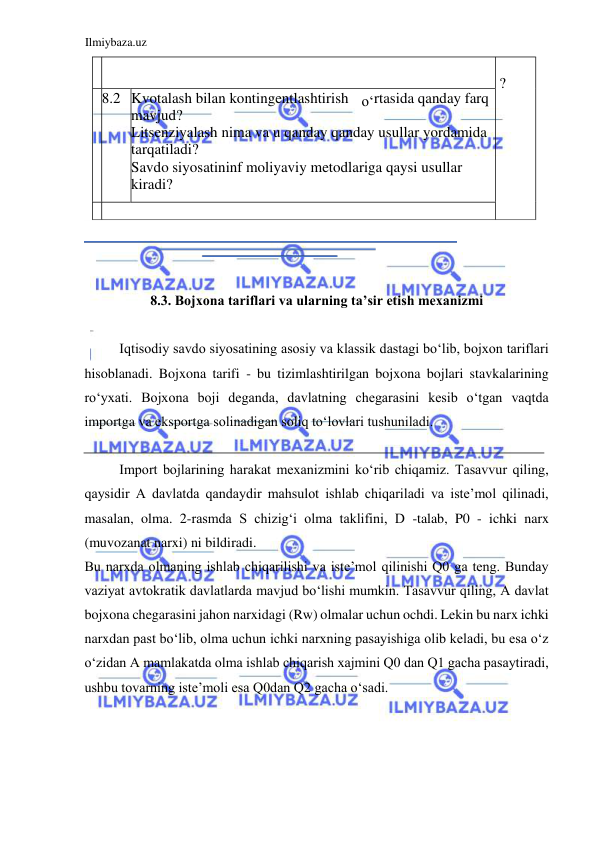 Ilmiybaza.uz 
 
 
  
8.3. Bojxona tariflari va ularning ta’sir etish mexanizmi  
  
Iqtisodiy savdo siyosatining asosiy va klassik dastagi boʻlib, bojxon tariflari 
hisoblanadi. Bojxona tarifi - bu tizimlashtirilgan bojxona bojlari stavkalarining 
roʻyxati. Bojxona boji deganda, davlatning chegarasini kesib oʻtgan vaqtda 
importga va eksportga solinadigan soliq toʻlovlari tushuniladi.  
 
Import bojlarining harakat mexanizmini koʻrib chiqamiz. Tasavvur qiling, 
qaysidir A davlatda qandaydir mahsulot ishlab chiqariladi va iste’mol qilinadi, 
masalan, olma. 2-rasmda S chizigʻi olma taklifini, D -talab, P0 - ichki narx 
(muvozanat narxi) ni bildiradi.  
Bu narxda olmaning ishlab chiqarilishi va iste’mol qilinishi Q0 ga teng. Bunday 
vaziyat avtokratik davlatlarda mavjud boʻlishi mumkin. Tasavvur qiling, A davlat 
bojxona chegarasini jahon narxidagi (Rw) olmalar uchun ochdi. Lekin bu narx ichki 
narxdan past boʻlib, olma uchun ichki narxning pasayishiga olib keladi, bu esa oʻz 
oʻzidan A mamlakatda olma ishlab chiqarish xajmini Q0 dan Q1 gacha pasaytiradi, 
ushbu tovarning iste’moli esa Q0dan Q2 gacha oʻsadi.  
    
  
  ?   
  8.2   Kvotalash bilan kontingentlashtirish  oʻ rtasida qanday farq 
mavjud ?   
Litsenziyalash nima va u qanday qanday usullar yordamida   
tarqatiladi ?   
  
Savdo siyosatininf moliyaviy metodlariga qaysi usullar 
kiradi ?   
    
  
  
