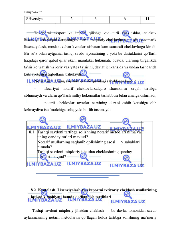 Ilmiybaza.uz 
 
SHvetsiya  
 
2  
3  
6  
11  
  
 
 
 
 
 
Tovarlarni eksport va import qilishga oid turli cheklashlar, selektiv 
litsenziyalash yuqori darajadagi samarali miqdoriy cheklovlar sanaladi. Avtomatik 
litsenziyalash, moslanuvchan kvotalar nisbatan kam samarali cheklovlarga kiradi. 
Bir soʻz bilan aytgania, tashqi savdo siyosatining u yoki bu dastaklarini qoʻllash 
haqidagi qaror qabul qilar ekan, mamlakat hukumati, odatda, ularning birgalikda 
ta’sir koʻrsatish va joriy vaziyatga ta’sirini, davlat ichkarisida va undan tashqarida 
kutilayotgan istiqbollarni baholaydi.  
Notarif usullarinng saqlanib qolishi quyidagi sabablarga bogʻliq:  
- 
aksariyat notarif cheklovlarxalqaro shartnomar orqali tartibga 
solinmaydi va ularni qoʻllash milliy hukumatlar tashabbusi bilan amalga oshiriladi;  
- 
notarif cheklovlar tovarlar narxining darxol oshib ketishiga olib 
kelmaydiva iste’molchiga soliq yuki boʻlib tushmaydi.  
  
 
  
8.2. Kvotalash, Lisenziyalash va eksportni ixtiyoriy cheklash usullarining 
iqtisodiy mohiyati hamda qoʻllanilish tartiblari  
  
Tashqi savdoni miqdoriy jihatdan cheklash — bu davlat tomonidan savdo 
aylanmasining notarif metodlarini qoʻllagan holda tartibga solishning ma’muriy 
    
  
  ?   
  8. 1   
  
Tashqi savdoni tartibga solishning notarif metodlari nima va 
uning qanday turlari mavjud ?   
Notarif usullarning saqlanib qolishining asosi 
  
y sabablari 
nimada ?   
  
Tashqi savdoni miqdoriy jihatdan cheklashning qanday 
usullari mavjud ?   
    
  
  
