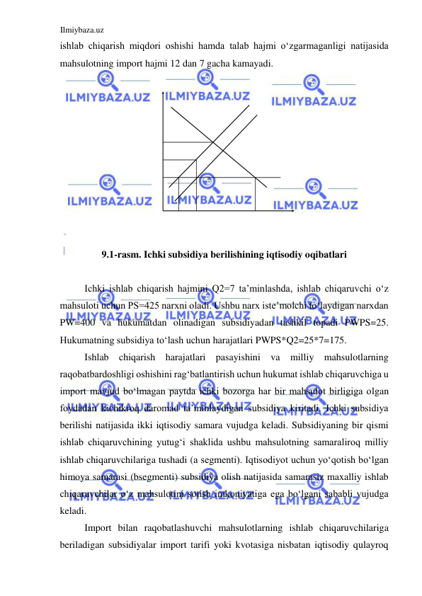 Ilmiybaza.uz 
 
ishlab chiqarish miqdori oshishi hamda talab hajmi oʻzgarmaganligi natijasida 
mahsulotning import hajmi 12 dan 7 gacha kamayadi.  
  
 
  
9.1-rasm. Ichki subsidiya berilishining iqtisodiy oqibatlari  
  
Ichki ishlab chiqarish hajmini Q2=7 ta’minlashda, ishlab chiqaruvchi oʻz 
mahsuloti uchun PS=425 narxni oladi. Ushbu narx iste’molchi toʻlaydigan narxdan 
PW=400 va hukumatdan olinadigan subsidiyadan tashkil topadi PWPS=25. 
Hukumatning subsidiya toʻlash uchun harajatlari PWPS*Q2=25*7=175.  
Ishlab chiqarish harajatlari pasayishini va milliy mahsulotlarning 
raqobatbardoshligi oshishini ragʻbatlantirish uchun hukumat ishlab chiqaruvchiga u 
import mavjud boʻlmagan paytda ichki bozorga har bir mahsulot birligiga olgan 
foydadan kichikroq daromad ta’minlaydigan subsidiya kiritadi. Ichki subsidiya 
berilishi natijasida ikki iqtisodiy samara vujudga keladi. Subsidiyaning bir qismi 
ishlab chiqaruvchining yutugʻi shaklida ushbu mahsulotning samaraliroq milliy 
ishlab chiqaruvchilariga tushadi (а segmenti). Iqtisodiyot uchun yoʻqotish boʻlgan 
himoya samarasi (bsegmenti) subsidiya olish natijasida samarasiz maxalliy ishlab 
chiqaruvchilar oʻz mahsulotini sotish imkoniyatiga ega boʻlgani sababli vujudga 
keladi.  
Import bilan raqobatlashuvchi mahsulotlarning ishlab chiqaruvchilariga 
beriladigan subsidiyalar import tarifi yoki kvotasiga nisbatan iqtisodiy qulayroq 
  
  
  
  
  
  
    
  
  
  
  
  
  
  
