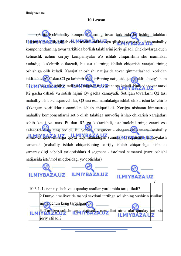 Ilmiybaza.uz 
 
10.1-rasm  
  
(А ва Б).Mahalliy komponentlarning tovar tarkibida boʻlishligi talablari 
Hukumat mahalliy ishlab chiqaruvchilarni himoya qilishga qaror qiladi va mahalliy 
komponentlarning tovar tarkibida boʻlish talablarini joriy qiladi. Cheklovlarga duch 
kelmaslik uchun xorijiy kompaniyalar oʻz ishlab chiqarishini shu mamlakat 
xududiga koʻchirib oʻtkazadi, bu esa ularning ishllab chiqarish xarajatlarining 
oshishiga olib keladi. Xarajatlar oshishi natijasida tovar qimmatlashadi xorijdan 
taklif chizigʻi С dan С3 ga koʻchib oʻtadi. Buning natijasida jami taklif chizigʻi ham 
С2 dan С4 gа koʻchib oʻtadi va V nuqtada muvozanatga keladi. Natijada tovar narxi 
R2 gacha oshadi va sotish hajmi Q4 gacha kamayadi. Sotilgan tovarlarni Q2 tasi 
mahalliy ishlab chiqaruvchilar, Q3 tasi esa mamlakatga ishlab chikarishni koʻchirib 
oʻtkazgan xorijliklar tomonidan ishlab chiqariladi. Xorijga nisbatan kimmatroq 
mahalliy komponentlarni sotib olish talabiga muvofiq ishlab chikarish xarajatlari 
oshib ketdi va narx Pi dan R2 ga koʻtarishdi, iste’molchilarning zarari esa 
а+b+c+d+е ga teng boʻldi. Bu yerda: a segment - chegaraviy samara (mahalliy 
ishlab chiqaruvchilarga qayta taqsimlanadigan summa), b segment - himoyalash 
samarasi (mahalliy ishlab chiqarishning xorijiy ishlab chiqarishga nisbatan 
samarasizligi sababli yoʻqotishlar) d segment - iste’mol samarasi (narx oshishi 
natijasida iste’mol miqdoridagi yoʻqotishlar)  
   
   
  
 ?  
 10.3 1. Litsenziyalash va u qanday usullar yordamida tarqatiladi?  
2.Dunyo amaliyotida tashqi savdoni tartibga solishning yashirin usullari 
nima uchun keng tarqalgan?  
3. Tartibga solishning noiqtisodiy metodlari nima ular qanday tartibda 
joriy etiladi?  
  
  
