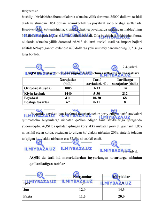 Ilmiybaza.uz 
 
boshligʻi bir kishidan iborat oilalarda oʻrtacha yillik daromad 25000 dollarni tashkil 
etadi va shundan 1851 dollari kiyimkechak va poyabzal sotib olishga sarflanadi. 
Hisob-kitoblar koʻrsatishicha, kiyim-kechak va poyabzalga sarflangan mablagʻning 
307 dollari import bojlari sifatida undirib olinadi. Oila boshlish ikki kishidan iborat 
oilalarda oʻrtacha yillik daromad 66.913 dollarni tashkil etadi va import bojlari 
sifatida toʻlaydigan toʻlovlar esa 470 dollarga yoki umumiy daromadning 0 ,7 % iga 
teng boʻladi.  
  
7.4-jadval. 
AQSHda oilalar tomonidan import tarifi uchun sarflaydigan xarajatlari.  
 
Yuqorida qayd etilgan iste’mol tovarlari uchun joriy etilgan tarif stavkalari 
qimmatbaho buyumlarga nisbatan qoʻllaniladigan tarif stavkalariga qaraganda 
yuqoriroqdir. AQSHda ipakdan qilingan koʻylakka nisbatan joriy etilgan tarif 1,9% 
ni tashkil etgan xolda, paxtadan toʻqilgan koʻylakka nisbatan 20%, sintetik toladan 
toʻqilgan koʻylakka nisbatan esa 32,5% ni tashkil etadi.  
  
7.5-jadval. 
AQSH da turli hil materiallardan tayyorlangan tovarlarga nisbatan 
qoʻllaniladigan tariflar  
  
  
Kostyumlar  
Koʻylaklar  
Ipak  
1,9  
1,9  
Jun  
12,0  
14,3  
Paxta  
11,3  
20,0  
  
Xarajatlar   
( doll .)   
Tarif   
stavkalari .  %.   
Tariflarga   
xarajatlar   ( doll .)   
Oziq - ovqat(uyda)   
1005   
1 - 13   
14   
Kiyin - kechak   
1440   
5 - 30   
212   
Poyabzal   
41 1   
10 - 30   
68   
Boshqa tovarlar   
67   
0 - 11   
8   
  
