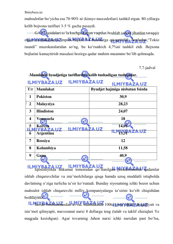 Ilmiybaza.uz 
 
mahsulotlar boʻyicha esa 70-90% ni (kimyo maxsulotlari) tashkil etgan. 80-yillarga 
kelib bojxona tariflari 3-5 % gacha pasaydi.   
GATT qoidalari toʻla kuchga kirgan vaqtdan boshlab sanoat jihatdan taraqqiy 
etgan mamlakatlarda import bojlari 3/4 barobarga qisqartirildi. Jumladan,“Tokio 
raundi” muzokaralaridan soʻng, bu koʻrsatkich 4,7%ni tashkil etdi. Bojxona 
bojlarini kamaytirish masalasi hozirga qadar muhim muammo boʻlib qolmoqda.  
  
7.7-jadval 
Mamlakat byudjetiga tariflardan kelib tushadigan tushumlar.  
  
Т/r  Mamlakat  
Byudjet hajmiga nisbatan foizda  
1  Pokiston  
30,9  
2  Malayziya  
28,23  
3  Hindiston  
24,07  
4  Venesuela  
18  
5  Koreya  
14,01  
6  Argentina  
13,31  
7  Rossiya  
12  
8  Kolumbiya  
11,58  
9  Gana  
40,9  
  
Iqtisodiyotda hukumat tomonidan qoʻllanilgan proteksionistik qadamlar 
ishlab chiqaruvchilar va iste’molchilarga qisqa hamda uzoq muddatli istiqbolda 
davlatning oʻziga turlicha ta’sir koʻrsatadi. Bunday siyosatning ichki bozor uchun 
mahsulot ishlab chiqaruvchi milliy kompaniyalarga ta’sirini koʻrib chiqishdan 
boshlaymiz.  
Savdo boshlanmasdan avval, mamlakatda 100ta tovar ishlab chiqarilyati va 
iste’mol qilinyapti, muvozanat narxi 8 dollarga teng (talab va taklif chiziqlari Ye 
nuqgada kesishgan). Agar tovarning Jahon narxi ichki narxdan past boʻlsa, 
