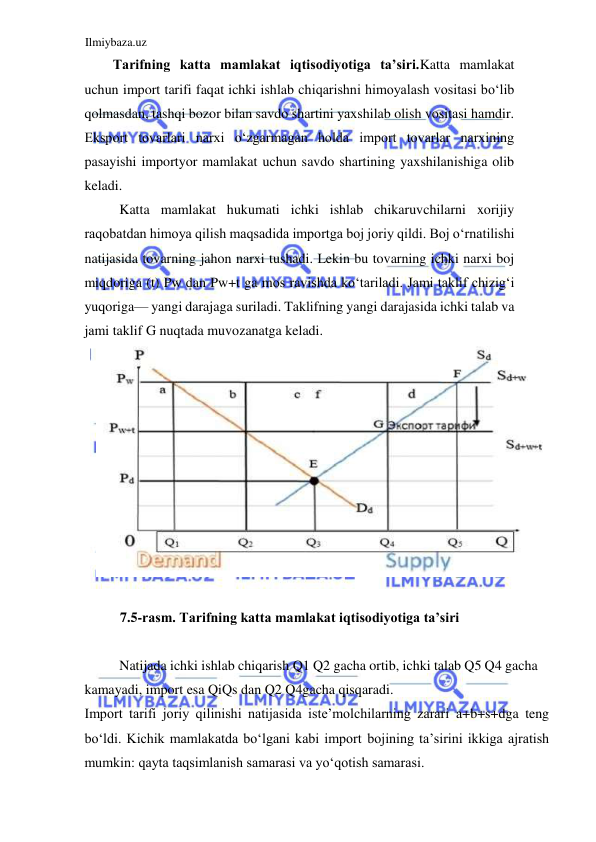 Ilmiybaza.uz 
 
Tarifning katta mamlakat iqtisodiyotiga ta’siri.Katta mamlakat 
uchun import tarifi faqat ichki ishlab chiqarishni himoyalash vositasi boʻlib 
qolmasdan, tashqi bozor bilan savdo shartini yaxshilab olish vositasi hamdir. 
Eksport tovarlari narxi oʻzgarmagan holda import tovarlar narxining 
pasayishi importyor mamlakat uchun savdo shartining yaxshilanishiga olib 
keladi.  
Katta mamlakat hukumati ichki ishlab chikaruvchilarni xorijiy 
raqobatdan himoya qilish maqsadida importga boj joriy qildi. Boj oʻrnatilishi 
natijasida tovarning jahon narxi tushadi. Lekin bu tovarning ichki narxi boj 
miqdoriga (t) Pw dan Pw+t ga mos ravishda koʻtariladi. Jami taklif chizigʻi 
yuqoriga— yangi darajaga suriladi. Taklifning yangi darajasida ichki talab va 
jami taklif G nuqtada muvozanatga keladi.  
  
  
7.5-rasm. Tarifning katta mamlakat iqtisodiyotiga ta’siri  
  
Natijada ichki ishlab chiqarish Q1 Q2 gacha ortib, ichki talab Q5 Q4 gacha 
kamayadi, import esa QiQs dan Q2 Q4gacha qisqaradi.  
Import tarifi joriy qilinishi natijasida iste’molchilarning zarari а+b+s+dga teng 
boʻldi. Kichik mamlakatda boʻlgani kabi import bojining ta’sirini ikkiga ajratish 
mumkin: qayta taqsimlanish samarasi va yoʻqotish samarasi.  
