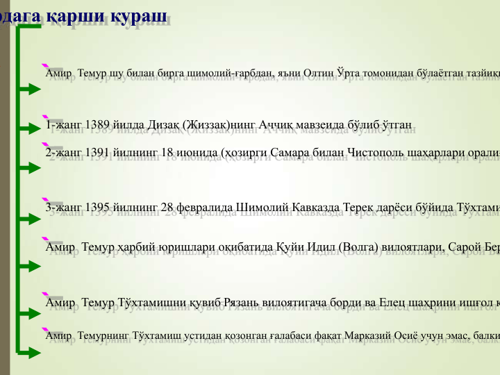 рдага қарши кураш
Амир Темур шу билан бирга шимолий-ғарбдан, яъни Олтин Ўрта томонидан бўлаётган тазйиққ
1-жанг 1389 йилда Дизақ (Жиззак)нинг Аччиқ мавзеида бўлиб ўтган
2-жанг 1391 йилнинг 18 июнида (ҳозирги Самара билан Чистополь шаҳарлари оралиғ
3-жанг 1395 йилнинг 28 февралида Шимолий Кавказда Терек дарёси бўйида Тўхтами
Амир Темур ҳарбий юришлари оқибатида Қуйи Идил (Волга) вилоятлари, Сарой Бер
Амир Темур Тўхтамишни қувиб Рязань вилоятигача борди ва Елец шаҳрини ишғол қ
Амир Темурнинг Тўхтамиш устидан қозонган ғалабаси фақат Марказий Осиё учун эмас, балки
