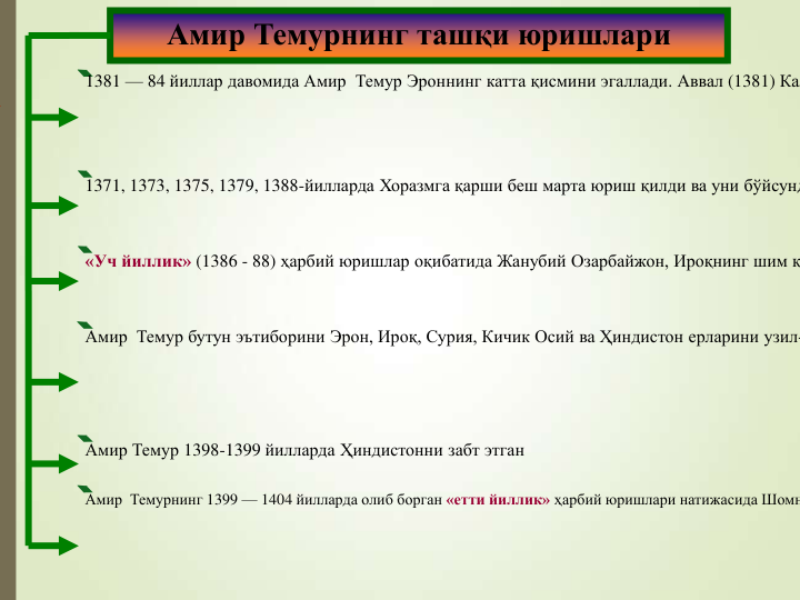 Амир Темурнинг ташқи юришлари
1381 — 84 йиллар давомида Амир Темур Эроннинг катта қисмини эгаллади. Аввал (1381) Кал
1371, 1373, 1375, 1379, 1388-йилларда Хоразмга қарши беш марта юриш қилди ва уни бўйсунд
«Уч йиллик» (1386 - 88) ҳарбий юришлар оқибатида Жанубий Озарбайжон, Ироқнинг шим қ
Амир Темур бутун эътиборини Эрон, Ироқ, Сурия, Кичик Осий ва Ҳиндистон ерларини узил-
Амир Темур 1398-1399 йилларда Ҳиндистонни забт этган
Амир Темурнинг 1399 — 1404 йилларда олиб борган «етти йиллик» ҳарбий юришлари натижасида Шомн
