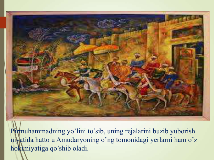 Pirmuhammadning yo’lini to’sib, uning rejalarini buzib yuborish 
niyatida hatto u Amudaryoning o’ng tomonidagi yerlarni ham o’z 
hokimiyatiga qo’shib oladi. 
