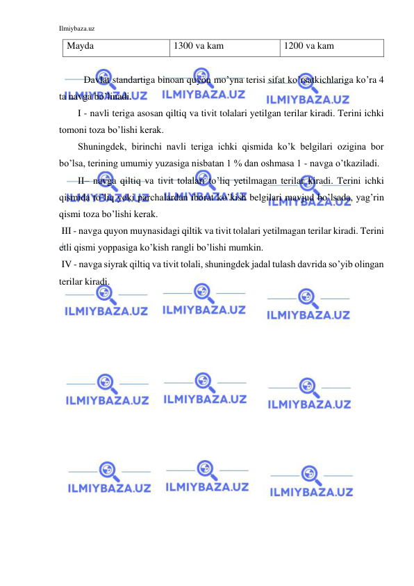 Ilmiybaza.uz 
 
Mayda  
1300 va kam  
1200 va kam  
  
 
Davlat standartiga binoan quyon mo’yna terisi sifat ko’rsatkichlariga ko’ra 4 
ta navga bo’linadi.  
I - navli teriga asosan qiltiq va tivit tolalari yetilgan terilar kiradi. Terini ichki 
tomoni toza bo’lishi kerak.  
Shuningdek, birinchi navli teriga ichki qismida ko’k belgilari ozigina bor 
bo’lsa, terining umumiy yuzasiga nisbatan 1 % dan oshmasa 1 - navga o’tkaziladi. 
II– navga qiltiq va tivit tolalari to’liq yetilmagan terilar kiradi. Terini ichki 
qismida to’liq yoki parchalardan iborat ko’kish belgilari mavjud bo’lsada, yag’rin 
qismi toza bo’lishi kerak.  
 III - navga quyon muynasidagi qiltik va tivit tolalari yetilmagan terilar kiradi. Terini 
etli qismi yoppasiga ko’kish rangli bo’lishi mumkin. 
 IV - navga siyrak qiltiq va tivit tolali, shuningdek jadal tulash davrida so’yib olingan 
terilar kiradi.  
 
