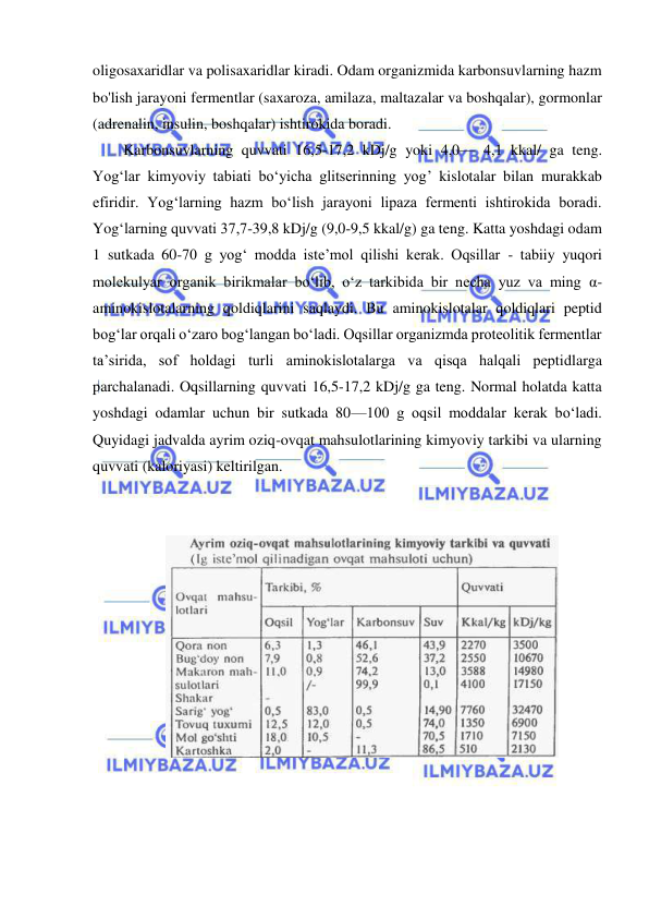  
 
oligosaxaridlar va polisaxaridlar kiradi. Odam organizmida karbonsuvlarning hazm 
bo'lish jarayoni fermentlar (saxaroza, amilaza, maltazalar va boshqalar), gormonlar 
(adrenalin, insulin, boshqalar) ishtirokida boradi.  
Karbonsuvlarning quvvati 16,5-17,2 kDj/g yoki 4,0— 4,1 kkal/ ga teng. 
Yog‘lar kimyoviy tabiati bo‘yicha glitserinning yog’ kislotalar bilan murakkab 
efiridir. Yog‘larning hazm bo‘lish jarayoni lipaza fermenti ishtirokida boradi. 
Yog‘larning quvvati 37,7-39,8 kDj/g (9,0-9,5 kkal/g) ga teng. Katta yoshdagi odam 
1 sutkada 60-70 g yog‘ modda iste’mol qilishi kerak. Oqsillar - tabiiy yuqori 
molekulyar organik birikmalar bo‘lib, o‘z tarkibida bir necha yuz va ming α-
aminokislotalarning qoldiqlarini saqlaydi. Bu aminokislotalar qoldiqlari peptid 
bog‘lar orqali o‘zaro bog‘langan bo‘ladi. Oqsillar organizmda proteolitik fermentlar 
ta’sirida, sof holdagi turli aminokislotalarga va qisqa halqali peptidlarga 
parchalanadi. Oqsillarning quvvati 16,5-17,2 kDj/g ga teng. Normal holatda katta 
yoshdagi odamlar uchun bir sutkada 80—100 g oqsil moddalar kerak bo‘ladi. 
Quyidagi jadvalda ayrim oziq-ovqat mahsulotlarining kimyoviy tarkibi va ularning 
quvvati (kaloriyasi) keltirilgan. 
 
 
 
 
