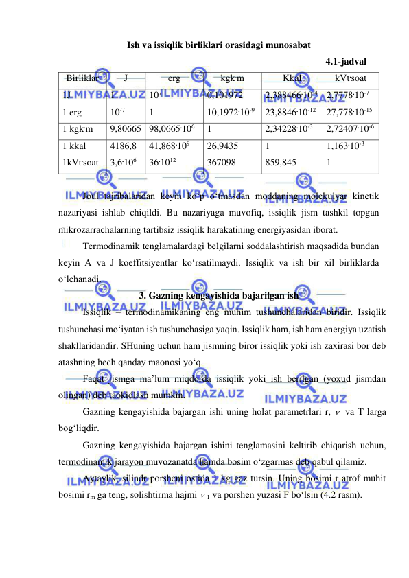  
 
Ish va issiqlik birliklari orasidagi munosabat 
4.1-jadval  
Birliklar 
J 
erg 
kgk.m 
Kkal 
kVt.soat 
1J 
1 
107 
0,101972 
2,388466.10-4 2,7778.10-7 
1 erg 
10-7 
1 
10,1972.10-9 
23,8846.10-12 
27,778.10-15 
1 kgk.m 
9,80665 98,0665.106 
1 
2,34228.10-3 
2,72407.10-6 
1 kkal 
4186,8 
41,868.109 
26,9435 
1 
1,163.10-3 
1kVt.soat 
3,6.106 
36.1012 
367098 
859,845 
1 
 
 
Joul tajribalaridan keyin ko‘p o‘tmasdan moddaning molekulyar kinetik 
nazariyasi ishlab chiqildi. Bu nazariyaga muvofiq, issiqlik jism tashkil topgan 
mikrozarrachalarning tartibsiz issiqlik harakatining energiyasidan iborat. 
 
Termodinamik tenglamalardagi belgilarni soddalashtirish maqsadida bundan 
keyin A va J koeffitsiyentlar ko‘rsatilmaydi. Issiqlik va ish bir xil birliklarda 
o‘lchanadi. 
3. Gazning kengayishida bajarilgan ish 
 
Issiqlik – termodinamikaning eng muhim tushunchalaridan biridir. Issiqlik 
tushunchasi mo‘iyatan ish tushunchasiga yaqin. Issiqlik ham, ish ham energiya uzatish 
shakllaridandir. SHuning uchun ham jismning biror issiqlik yoki ish zaxirasi bor deb 
atashning hech qanday maonosi yo‘q. 
 
Faqat jismga ma’lum miqdorda issiqlik yoki ish berilgan (yoxud jismdan 
olingan) deb taokidlash mumkin.  
 
Gazning kengayishida bajargan ishi uning holat parametrlari r,   va T larga 
bog‘liqdir. 
 
Gazning kengayishida bajargan ishini tenglamasini keltirib chiqarish uchun, 
termodinamik jarayon muvozanatda hamda bosim o‘zgarmas deb qabul qilamiz.  
 
Aytaylik, silindr porsheni ostida 1 kg gaz tursin. Uning bosimi r atrof muhit 
bosimi rm ga teng, solishtirma hajmi  1 va porshen yuzasi F bo‘lsin (4.2 rasm). 
