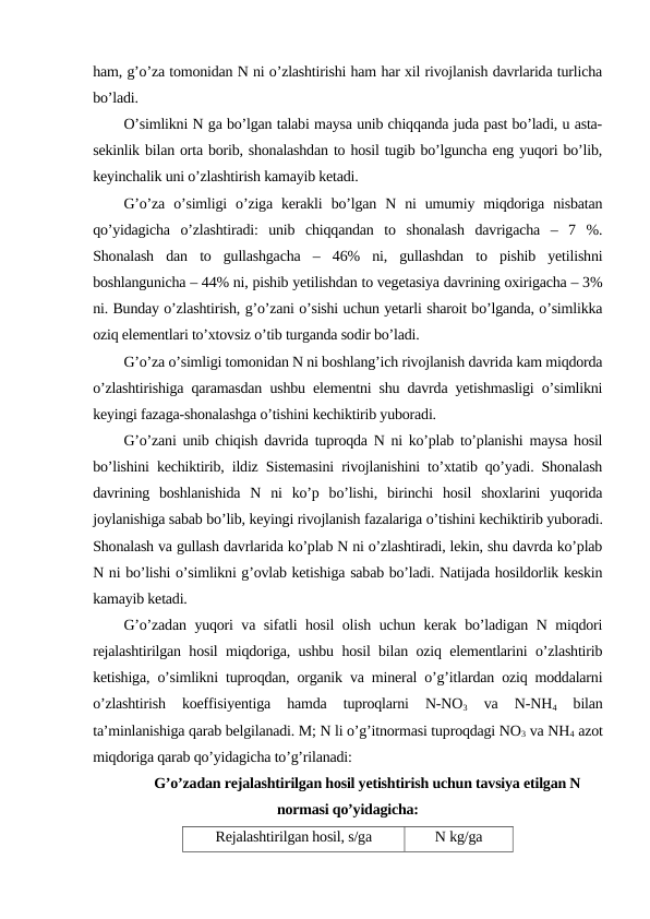 ham, g’o’za tomonidan N ni o’zlashtirishi ham har xil rivojlanish davrlarida turlicha
bo’ladi.
O’simlikni N ga bo’lgan talabi maysa unib chiqqanda juda past bo’ladi, u asta-
sekinlik bilan orta borib, shonalashdan to hosil tugib bo’lguncha eng yuqori bo’lib,
keyinchalik uni o’zlashtirish kamayib ketadi.
G’o’za  o’simligi  o’ziga  kerakli  bo’lgan  N  ni  umumiy  miqdoriga  nisbatan
qo’yidagicha  o’zlashtiradi:  unib  chiqqandan  to  shonalash  davrigacha  –  7  %.
Shonalash  dan  to  gullashgacha  –  46%  ni,  gullashdan  to  pishib  yetilishni
boshlangunicha – 44% ni, pishib yetilishdan to vegetasiya davrining oxirigacha – 3%
ni. Bunday o’zlashtirish, g’o’zani o’sishi uchun yetarli sharoit bo’lganda, o’simlikka
oziq elementlari to’xtovsiz o’tib turganda sodir bo’ladi.
G’o’za o’simligi tomonidan N ni boshlang’ich rivojlanish davrida kam miqdorda
o’zlashtirishiga qaramasdan ushbu elementni shu davrda yetishmasligi o’simlikni
keyingi fazaga-shonalashga o’tishini kechiktirib yuboradi.
G’o’zani unib chiqish davrida tuproqda N ni ko’plab to’planishi maysa hosil
bo’lishini kechiktirib, ildiz Sistemasini rivojlanishini to’xtatib qo’yadi. Shonalash
davrining  boshlanishida  N  ni  ko’p  bo’lishi,  birinchi  hosil  shoxlarini  yuqorida
joylanishiga sabab bo’lib, keyingi rivojlanish fazalariga o’tishini kechiktirib yuboradi.
Shonalash va gullash davrlarida ko’plab N ni o’zlashtiradi, lekin, shu davrda ko’plab
N ni bo’lishi o’simlikni g’ovlab ketishiga sabab bo’ladi. Natijada hosildorlik keskin
kamayib ketadi.
G’o’zadan yuqori va sifatli hosil olish uchun kerak bo’ladigan N miqdori
rejalashtirilgan hosil miqdoriga, ushbu hosil bilan oziq elementlarini o’zlashtirib
ketishiga, o’simlikni tuproqdan, organik va mineral o’g’itlardan oziq moddalarni
o’zlashtirish  koeffisiyentiga  hamda  tuproqlarni  N-NO3 
va  N-NH4 
bilan
ta’minlanishiga qarab belgilanadi. M; N li o’g’itnormasi tuproqdagi NO3 va NH4 azot
miqdoriga qarab qo’yidagicha to’g’rilanadi:
G’o’zadan rejalashtirilgan hosil yetishtirish uchun tavsiya etilgan N
normasi qo’yidagicha:
Rejalashtirilgan hosil, s/ga
N kg/ga
