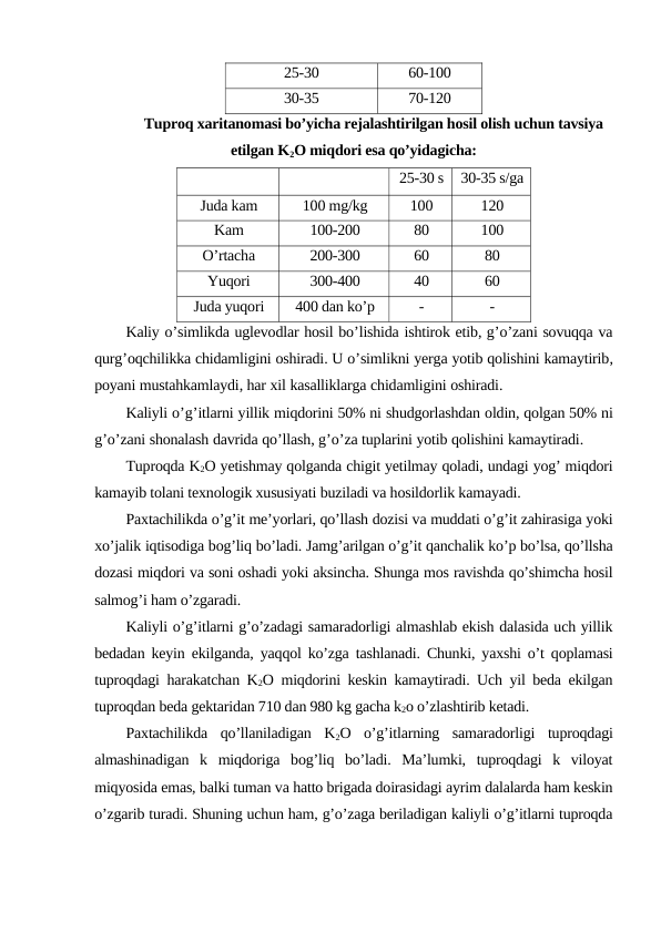 25-30
60-100
30-35
70-120
Tuproq xaritanomasi bo’yicha rejalashtirilgan hosil olish uchun tavsiya
etilgan K2O miqdori esa qo’yidagicha:
25-30 s
30-35 s/ga
Juda kam
100 mg/kg
100
120
Kam
100-200
80
100
O’rtacha
200-300
60
80
Yuqori
300-400
40
60
Juda yuqori
400 dan ko’p
-
-
Kaliy o’simlikda uglevodlar hosil bo’lishida ishtirok etib, g’o’zani sovuqqa va
qurg’oqchilikka chidamligini oshiradi. U o’simlikni yerga yotib qolishini kamaytirib,
poyani mustahkamlaydi, har xil kasalliklarga chidamligini oshiradi.
Kaliyli o’g’itlarni yillik miqdorini 50% ni shudgorlashdan oldin, qolgan 50% ni
g’o’zani shonalash davrida qo’llash, g’o’za tuplarini yotib qolishini kamaytiradi.
Tuproqda K2O yetishmay qolganda chigit yetilmay qoladi, undagi yog’ miqdori
kamayib tolani texnologik xususiyati buziladi va hosildorlik kamayadi.
Paxtachilikda o’g’it me’yorlari, qo’llash dozisi va muddati o’g’it zahirasiga yoki
xo’jalik iqtisodiga bog’liq bo’ladi. Jamg’arilgan o’g’it qanchalik ko’p bo’lsa, qo’llsha
dozasi miqdori va soni oshadi yoki aksincha. Shunga mos ravishda qo’shimcha hosil
salmog’i ham o’zgaradi.
Kaliyli o’g’itlarni g’o’zadagi samaradorligi almashlab ekish dalasida uch yillik
bedadan keyin ekilganda, yaqqol ko’zga tashlanadi. Chunki, yaxshi o’t qoplamasi
tuproqdagi harakatchan K2O miqdorini keskin kamaytiradi. Uch yil beda ekilgan
tuproqdan beda gektaridan 710 dan 980 kg gacha k2o o’zlashtirib ketadi.
Paxtachilikda  qo’llaniladigan  K2O  o’g’itlarning  samaradorligi  tuproqdagi
almashinadigan  k  miqdoriga  bog’liq  bo’ladi.  Ma’lumki,  tuproqdagi  k  viloyat
miqyosida emas, balki tuman va hatto brigada doirasidagi ayrim dalalarda ham keskin
o’zgarib turadi. Shuning uchun ham, g’o’zaga beriladigan kaliyli o’g’itlarni tuproqda
