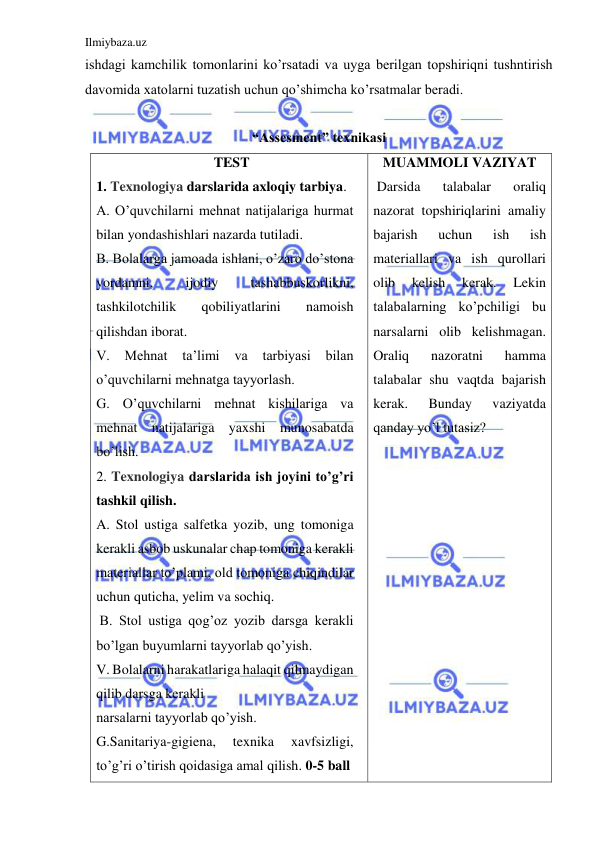 Ilmiybaza.uz 
 
ishdagi kamchilik tomonlarini ko’rsatadi va uyga berilgan topshiriqni tushntirish 
davomida xatolarni tuzatish uchun qo’shimcha ko’rsatmalar beradi. 
 
“Assesment” texnikasi 
TEST 
1. Texnologiya darslarida axloqiy tarbiya.  
A. O’quvchilarni mehnat natijalariga hurmat 
bilan yondashishlari nazarda tutiladi.  
B. Bolalarga jamoada ishlani, o’zaro do’stona 
yordamni, 
ijodiy 
tashabbuskorlikni, 
tashkilotchilik 
qobiliyatlarini 
namoish 
qilishdan iborat.  
V. 
Mehnat ta’limi 
va 
tarbiyasi 
bilan 
o’quvchilarni mehnatga tayyorlash.  
G. O’quvchilarni mehnat kishilariga va 
mehnat natijalariga yaxshi munosabatda 
bo’lish. 
2. Texnologiya darslarida ish joyini to’g’ri 
tashkil qilish. 
A. Stol ustiga salfetka yozib, ung tomoniga 
kerakli asbob uskunalar chap tomoniga kerakli 
materiallar to’plami, old tomoniga chiqindilar 
uchun quticha, yelim va sochiq. 
 B. Stol ustiga qog’oz yozib darsga kerakli 
bo’lgan buyumlarni tayyorlab qo’yish.  
V. Bolalarni harakatlariga halaqit qilmaydigan 
qilib darsga kerakli  
narsalarni tayyorlab qo’yish. 
G.Sanitariya-gigiena, 
texnika 
xavfsizligi, 
to’g’ri o’tirish qoidasiga amal qilish. 0-5 ball 
MUAMMOLI VAZIYAT 
 Darsida 
talabalar 
oraliq 
nazorat topshiriqlarini amaliy 
bajarish 
uchun 
ish 
ish 
materiallari va ish qurollari 
olib 
kelish 
kerak. 
Lekin 
talabalarning ko’pchiligi bu 
narsalarni olib kelishmagan. 
Oraliq 
nazoratni 
hamma 
talabalar shu vaqtda bajarish 
kerak. 
Bunday 
vaziyatda 
qanday yo’l tutasiz? 
 
 
 
 
 
 
 
 
 
 
 
 
 
 
