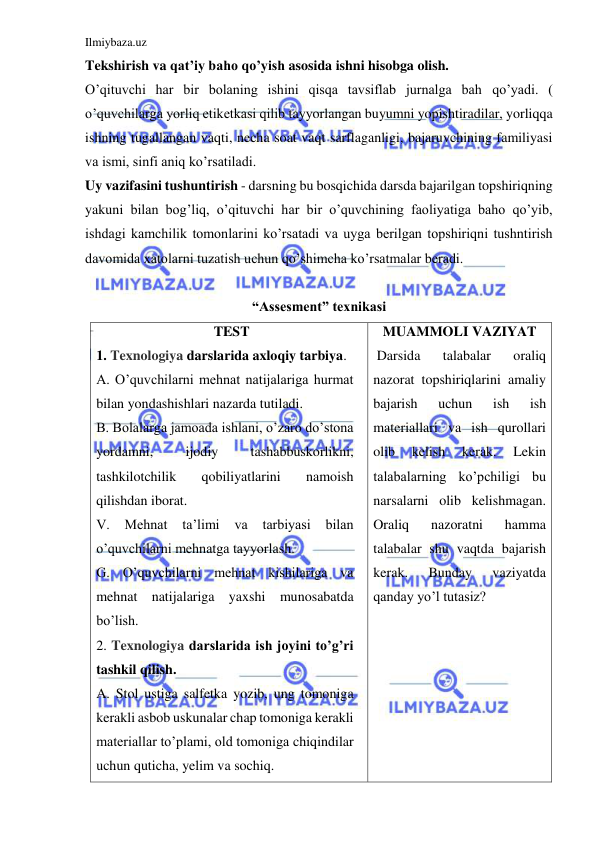 Ilmiybaza.uz 
 
Tekshirish va qat’iy baho qo’yish asosida ishni hisobga olish. 
O’qituvchi har bir bolaning ishini qisqa tavsiflab jurnalga bah qo’yadi. ( 
o’quvchilarga yorliq etiketkasi qilib tayyorlangan buyumni yopishtiradilar, yorliqqa 
ishning tugallangan vaqti, necha soat vaqt sarflaganligi, bajaruvchining familiyasi 
va ismi, sinfi aniq ko’rsatiladi. 
Uy vazifasini tushuntirish - darsning bu bosqichida darsda bajarilgan topshiriqning 
yakuni bilan bog’liq, o’qituvchi har bir o’quvchining faoliyatiga baho qo’yib, 
ishdagi kamchilik tomonlarini ko’rsatadi va uyga berilgan topshiriqni tushntirish 
davomida xatolarni tuzatish uchun qo’shimcha ko’rsatmalar beradi. 
 
“Assesment” texnikasi 
TEST 
1. Texnologiya darslarida axloqiy tarbiya.  
A. O’quvchilarni mehnat natijalariga hurmat 
bilan yondashishlari nazarda tutiladi.  
B. Bolalarga jamoada ishlani, o’zaro do’stona 
yordamni, 
ijodiy 
tashabbuskorlikni, 
tashkilotchilik 
qobiliyatlarini 
namoish 
qilishdan iborat.  
V. 
Mehnat ta’limi 
va 
tarbiyasi 
bilan 
o’quvchilarni mehnatga tayyorlash.  
G. O’quvchilarni mehnat kishilariga va 
mehnat natijalariga yaxshi munosabatda 
bo’lish. 
2. Texnologiya darslarida ish joyini to’g’ri 
tashkil qilish. 
A. Stol ustiga salfetka yozib, ung tomoniga 
kerakli asbob uskunalar chap tomoniga kerakli 
materiallar to’plami, old tomoniga chiqindilar 
uchun quticha, yelim va sochiq. 
MUAMMOLI VAZIYAT 
 Darsida 
talabalar 
oraliq 
nazorat topshiriqlarini amaliy 
bajarish 
uchun 
ish 
ish 
materiallari va ish qurollari 
olib 
kelish 
kerak. 
Lekin 
talabalarning ko’pchiligi bu 
narsalarni olib kelishmagan. 
Oraliq 
nazoratni 
hamma 
talabalar shu vaqtda bajarish 
kerak. 
Bunday 
vaziyatda 
qanday yo’l tutasiz? 
 
 
 
 
 
 
 
