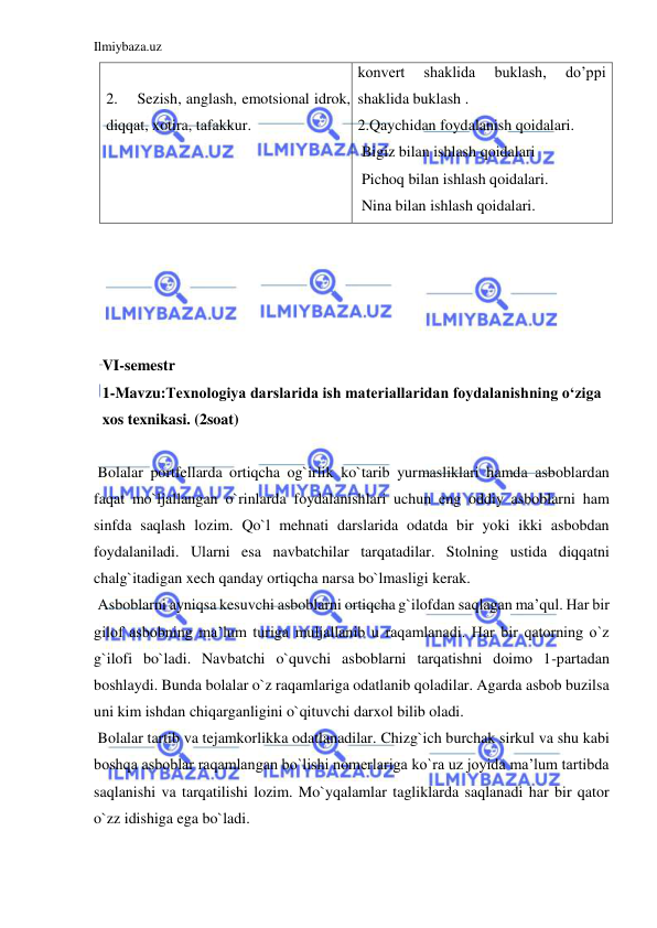 Ilmiybaza.uz 
 
 
2. 
Sezish, anglash, emotsional idrok, 
diqqat, xotira, tafakkur. 
 
konvert 
shaklida 
buklash, 
do’ppi 
shaklida buklash . 
2.Qaychidan foydalanish qoidalari. 
 Bigiz bilan ishlash qoidalari 
 Pichoq bilan ishlash qoidalari. 
 Nina bilan ishlash qoidalari. 
 
 
 
 
 
VI-semestr 
1-Mavzu:Texnologiya darslarida ish materiallaridan foydalanishning o‘ziga 
xos texnikasi. (2soat) 
 
 Bolalar portfellarda ortiqcha og`irlik ko`tarib yurmasliklari hamda asboblardan 
faqat mo`ljallangan o`rinlarda foydalanishlari uchun eng oddiy asboblarni ham 
sinfda saqlash lozim. Qo`l mehnati darslarida odatda bir yoki ikki asbobdan 
foydalaniladi. Ularni esa navbatchilar tarqatadilar. Stolning ustida diqqatni 
chalg`itadigan xech qanday ortiqcha narsa bo`lmasligi kerak. 
 Asboblarni ayniqsa kesuvchi asboblarni ortiqcha g`ilofdan saqlagan ma’qul. Har bir 
gilof asbobning ma’lum turiga muljallanib u raqamlanadi. Har bir qatorning o`z 
g`ilofi bo`ladi. Navbatchi o`quvchi asboblarni tarqatishni doimo 1-partadan 
boshlaydi. Bunda bolalar o`z raqamlariga odatlanib qoladilar. Agarda asbob buzilsa 
uni kim ishdan chiqarganligini o`qituvchi darxol bilib oladi. 
 Bolalar tartib va tejamkorlikka odatlanadilar. Chizg`ich burchak sirkul va shu kabi 
boshqa asboblar raqamlangan bo`lishi nomerlariga ko`ra uz joyida ma’lum tartibda 
saqlanishi va tarqatilishi lozim. Mo`yqalamlar tagliklarda saqlanadi har bir qator 
o`zz idishiga ega bo`ladi. 
