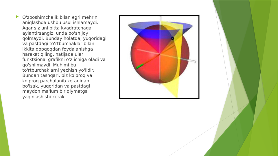  O'zboshimchalik bilan egri mehrini 
aniqlashda ushbu usul ishlamaydi. 
Agar siz uni bitta kvadratchaga 
aylantirsangiz, unda bo'sh joy 
qolmaydi. Bunday holatda, yuqoridagi 
va pastdagi to'rtburchaklar bilan 
ikkita qopqoqdan foydalanishga 
harakat qiling, natijada ular 
funktsional grafikni o'z ichiga oladi va 
qo'shilmaydi. Muhimi bu 
to'rtburchaklarni yechish yo'lidir. 
Bundan tashqari, biz ko'proq va 
ko'proq parchalanib ketadigan 
bo'lsak, yuqoridan va pastdagi 
maydon ma'lum bir qiymatga 
yaqinlashishi kerak.
