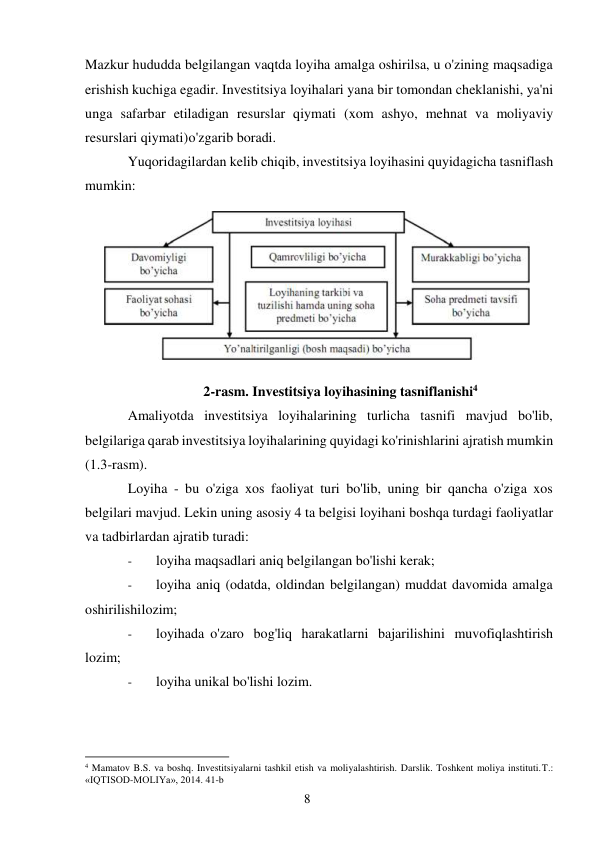 8 
 
Mazkur hududda belgilangan vaqtda loyiha amalga oshirilsa, u o'zining maqsadiga 
erishish kuchiga egadir. Investitsiya loyihalari yana bir tomondan cheklanishi, ya'ni 
unga safarbar etiladigan resurslar qiymati (xom ashyo, mehnat va moliyaviy 
resurslari qiymati) o'zgarib boradi. 
Yuqoridagilardan kelib chiqib, investitsiya loyihasini quyidagicha tasniflash 
mumkin: 
 
2-rasm. Investitsiya loyihasining tasniflanishi4 
Amaliyotda investitsiya loyihalarining turlicha tasnifi mavjud bo'lib, 
belgilariga qarab investitsiya loyihalarining quyidagi ko'rinishlarini ajratish mumkin 
(1.3-rasm). 
Loyiha - bu o'ziga xos faoliyat turi bo'lib, uning bir qancha o'ziga xos 
belgilari mavjud. Lekin uning asosiy 4 ta belgisi loyihani boshqa turdagi faoliyatlar 
va tadbirlardan ajratib turadi: 
- 
loyiha maqsadlari aniq belgilangan bo'lishi kerak; 
- 
loyiha aniq (odatda, oldindan belgilangan) muddat davomida amalga 
oshirilishi lozim; 
- 
loyihada o'zaro bog'liq harakatlarni bajarilishini muvofiqlashtirish 
lozim; 
- 
loyiha unikal bo'lishi lozim. 
 
                                                           
4 Mamatov B.S. va boshq. Investitsiyalarni tashkil etish va moliyalashtirish. Darslik. Toshkent moliya instituti. T.: 
«IQTISOD-MOLIYa», 2014. 41-b 
