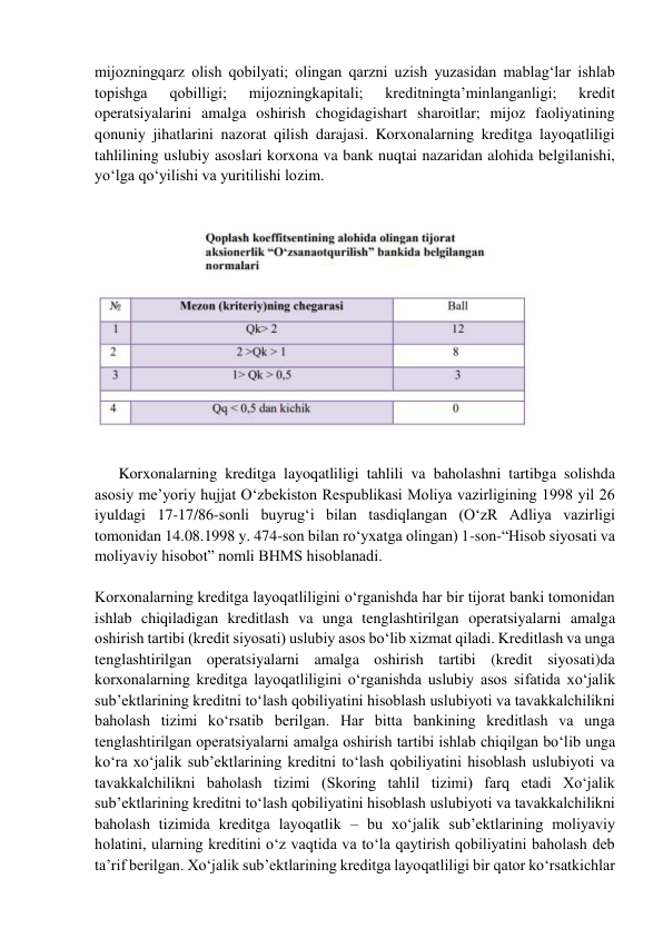  
mijozningqarz olish qobilyati; olingan qarzni uzish yuzasidan mablag‘lar ishlab 
topishga 
qobilligi; 
mijozningkapitali; 
kreditningta’minlanganligi; 
kredit 
operatsiyalarini amalga oshirish chogidagishart sharoitlar; mijoz faoliyatining 
qonuniy jihatlarini nazorat qilish darajasi. Korxonalarning kreditga layoqatliligi 
tahlilining uslubiy asoslari korxona va bank nuqtai nazaridan alohida belgilanishi, 
yo‘lga qo‘yilishi va yuritilishi lozim.  
  
 
 
 
Korxonalarning kreditga layoqatliligi tahlili va baholashni tartibga solishda 
asosiy me’yoriy hujjat O‘zbekiston Respublikasi Moliya vazirligining 1998 yil 26 
iyuldagi 17-17/86-sonli buyrug‘i bilan tasdiqlangan (O‘zR Adliya vazirligi 
tomonidan 14.08.1998 y. 474-son bilan ro‘yxatga olingan) 1-son-“Hisob siyosati va 
moliyaviy hisobot” nomli BHMS hisoblanadi. 
 
Korxonalarning kreditga layoqatliligini o‘rganishda har bir tijorat banki tomonidan 
ishlab chiqiladigan kreditlash va unga tenglashtirilgan operatsiyalarni amalga 
oshirish tartibi (kredit siyosati) uslubiy asos bo‘lib xizmat qiladi. Kreditlash va unga 
tenglashtirilgan operatsiyalarni amalga oshirish tartibi (kredit siyosati)da 
korxonalarning kreditga layoqatliligini o‘rganishda uslubiy asos sifatida xo‘jalik 
sub’ektlarining kreditni to‘lash qobiliyatini hisoblash uslubiyoti va tavakkalchilikni 
baholash tizimi ko‘rsatib berilgan. Har bitta bankining kreditlash va unga 
tenglashtirilgan operatsiyalarni amalga oshirish tartibi ishlab chiqilgan bo‘lib unga 
ko‘ra xo‘jalik sub’ektlarining kreditni to‘lash qobiliyatini hisoblash uslubiyoti va 
tavakkalchilikni baholash tizimi (Skoring tahlil tizimi) farq etadi Xo‘jalik 
sub’ektlarining kreditni to‘lash qobiliyatini hisoblash uslubiyoti va tavakkalchilikni 
baholash tizimida kreditga layoqatlik – bu xo‘jalik sub’ektlarining moliyaviy 
holatini, ularning kreditini o‘z vaqtida va to‘la qaytirish qobiliyatini baholash deb 
ta’rif berilgan. Xo‘jalik sub’ektlarining kreditga layoqatliligi bir qator ko‘rsatkichlar 
