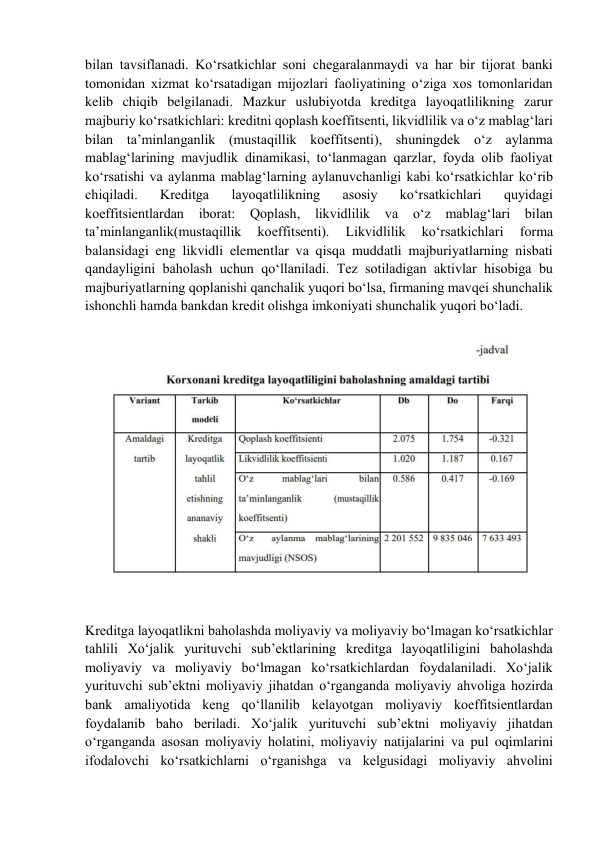  
bilan tavsiflanadi. Ko‘rsatkichlar soni chegaralanmaydi va har bir tijorat banki 
tomonidan xizmat ko‘rsatadigan mijozlari faoliyatining o‘ziga xos tomonlaridan 
kelib chiqib belgilanadi. Mazkur uslubiyotda kreditga layoqatlilikning zarur 
majburiy ko‘rsatkichlari: kreditni qoplash koeffitsenti, likvidlilik va o‘z mablag‘lari 
bilan ta’minlanganlik (mustaqillik koeffitsenti), shuningdek o‘z aylanma 
mablag‘larining mavjudlik dinamikasi, to‘lanmagan qarzlar, foyda olib faoliyat 
ko‘rsatishi va aylanma mablag‘larning aylanuvchanligi kabi ko‘rsatkichlar ko‘rib 
chiqiladi. 
Kreditga 
layoqatlilikning 
asosiy 
ko‘rsatkichlari 
quyidagi 
koeffitsientlardan iborat: Qoplash, likvidlilik va 
o‘z 
mablag‘lari bilan 
ta’minlanganlik(mustaqillik 
koeffitsenti). 
Likvidlilik 
ko‘rsatkichlari 
forma 
balansidagi eng likvidli elementlar va qisqa muddatli majburiyatlarning nisbati 
qandayligini baholash uchun qo‘llaniladi. Tez sotiladigan aktivlar hisobiga bu 
majburiyatlarning qoplanishi qanchalik yuqori bo‘lsa, firmaning mavqei shunchalik 
ishonchli hamda bankdan kredit olishga imkoniyati shunchalik yuqori bo‘ladi. 
 
 
 
 
Kreditga layoqatlikni baholashda moliyaviy va moliyaviy bo‘lmagan ko‘rsatkichlar 
tahlili Xo‘jalik yurituvchi sub’ektlarining kreditga layoqatliligini baholashda 
moliyaviy va moliyaviy bo‘lmagan ko‘rsatkichlardan foydalaniladi. Xo‘jalik 
yurituvchi sub’ektni moliyaviy jihatdan o‘rganganda moliyaviy ahvoliga hozirda 
bank amaliyotida keng qo‘llanilib kelayotgan moliyaviy koeffitsientlardan 
foydalanib baho beriladi. Xo‘jalik yurituvchi sub’ektni moliyaviy jihatdan 
o‘rganganda asosan moliyaviy holatini, moliyaviy natijalarini va pul oqimlarini 
ifodalovchi ko‘rsatkichlarni o‘rganishga va kelgusidagi moliyaviy ahvolini 
