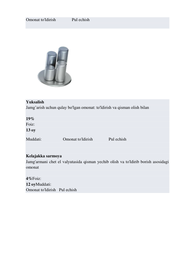  
Omonat to'ldirish               Pul echish 
 
 
 
 
 
 
Yuksalish 
Jamg’arish uchun qulay bo'lgan omonat: to'ldirish va qisman olish bilan 
 
19% 
Foiz: 
13 oy 
Muddati:            
 Omonat to'ldirish       
 Pul echish 
 
 
Kelajakka sarmoya 
Jamg'armani chet el valyutasida qisman yechib olish va to'ldirib borish asosidagi 
omonat 
 
4%Foiz: 
12 oyMuddati: 
Omonat to'ldirish   Pul echish 
