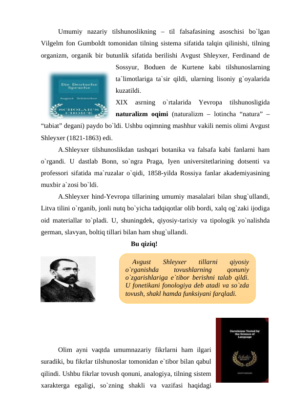 Umumiy  nazariy  tilshunoslikning  –  til  falsafasining  asoschisi  bo`lgan
Vilgelm fon Gumboldt tomonidan tilning sistema sifatida talqin qilinishi, tilning
organizm, organik bir butunlik sifatida berilishi Avgust Shleyxer, Ferdinand de
Sossyur,  Boduen  de  Kurtene  kabi  tilshunoslarning
ta`limotlariga ta`sir qildi, ularning lisoniy g`oyalarida
kuzatildi.
XIX  asrning  o`rtalarida  Yevropa  tilshunosligida
naturalizm oqimi (naturalizm – lotincha “natura” –
“tabiat” degani) paydo bo`ldi. Ushbu oqimning mashhur vakili nemis olimi Avgust
Shleyxer (1821-1863) edi.
A.Shleyxer tilshunoslikdan tashqari botanika va falsafa kabi fanlarni ham
o`rgandi.  U  dastlab  Bonn,  so`ngra  Praga,  Iyen  universitetlarining  dotsenti  va
professori sifatida ma`ruzalar o`qidi, 1858-yilda Rossiya fanlar akademiyasining
muxbir a`zosi bo`ldi.
A.Shleyxer hind-Yevropa tillarining umumiy masalalari bilan shug`ullandi,
Litva tilini o`rganib, jonli nutq bo`yicha tadqiqotlar olib bordi, xalq og`zaki ijodiga
oid materiallar to`pladi. U, shuningdek, qiyosiy-tarixiy va tipologik yo`nalishda
german, slavyan, boltiq tillari bilan ham shug`ullandi. 
Bu qiziq!
Olim  ayni  vaqtda umumnazariy  fikrlarni  ham  ilgari
suradiki, bu fikrlar tilshunoslar tomonidan e`tibor bilan qabul
qilindi. Ushbu fikrlar tovush qonuni, analogiya, tilning sistem
xarakterga  egaligi,  so`zning  shakli  va  vazifasi  haqidagi
Avgust
 Shleyxer  tillarni  qiyosiy
o`rganishda
 
tovushlarning
 
qonuniy
o`zgarishlariga e`tibor berishni talab qildi.
U fonetikani fonologiya deb atadi va so`zda
tovush, shakl hamda funksiyani farqladi.
