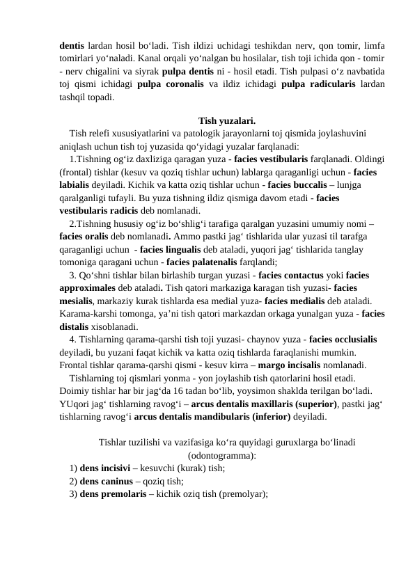 dentis lardan hosil bo‘ladi. Tish ildizi uchidagi teshikdan nerv, qon tomir, limfa
tomirlari yo‘naladi. Kanal orqali yo‘nalgan bu hosilalar, tish toji ichida qon - tomir
- nerv chigalini va siyrak pulpa dentis ni - hosil etadi. Tish pulpasi o‘z navbatida
toj qismi ichidagi  pulpa coronalis va ildiz ichidagi  pulpa radicularis lardan
tashqil topadi. 
 
Tish yuzalari.
Tish relefi xususiyatlarini va patologik jarayonlarni toj qismida joylashuvini 
aniqlash uchun tish toj yuzasida qo‘yidagi yuzalar farqlanadi:
1.Tishning og‘iz daxliziga qaragan yuza - facies vestibularis farqlanadi. Oldingi
(frontal) tishlar (kesuv va qoziq tishlar uchun) lablarga qaraganligi uchun - facies 
labialis deyiladi. Kichik va katta oziq tishlar uchun - facies buccalis – lunjga 
qaralganligi tufayli. Bu yuza tishning ildiz qismiga davom etadi - facies 
vestibularis radicis deb nomlanadi.
2.Tishning hususiy og‘iz bo‘shlig‘i tarafiga qaralgan yuzasini umumiy nomi – 
facies oralis deb nomlanadi. Ammo pastki jag‘ tishlarida ular yuzasi til tarafga 
qaraganligi uchun  - facies lingualis deb ataladi, yuqori jag‘ tishlarida tanglay 
tomoniga qaragani uchun - facies palatenalis farqlandi; 
3. Qo‘shni tishlar bilan birlashib turgan yuzasi - facies contactus yoki facies 
approximales deb ataladi. Tish qatori markaziga karagan tish yuzasi- facies 
mesialis, markaziy kurak tishlarda esa medial yuza- facies medialis deb ataladi. 
Karama-karshi tomonga, ya’ni tish qatori markazdan orkaga yunalgan yuza - facies
distalis xisoblanadi.
4. Tishlarning qarama-qarshi tish toji yuzasi- chaynov yuza - facies occlusialis 
deyiladi, bu yuzani faqat kichik va katta oziq tishlarda faraqlanishi mumkin. 
Frontal tishlar qarama-qarshi qismi - kesuv kirra – margo incisalis nomlanadi.
Tishlarning toj qismlari yonma - yon joylashib tish qatorlarini hosil etadi. 
Doimiy tishlar har bir jag‘da 16 tadan bo‘lib, yoysimon shaklda terilgan bo‘ladi. 
YUqori jag‘ tishlarning ravog‘i – arcus dentalis maxillaris (superior), pastki jag‘
tishlarning ravog‘i arcus dentalis mandibularis (inferior) deyiladi. 
Tishlar tuzilishi va vazifasiga ko‘ra quyidagi guruxlarga bo‘linadi
(odontogramma): 
1) dens incisivi – kesuvchi (kurak) tish;
2) dens caninus – qoziq tish;
3) dens premolaris – kichik oziq tish (premolyar); 
