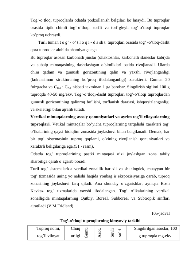 Tog’-o’tloqi tuproqlarda odatda podzollanish belgilari bo’lmaydi. Bu tuproqlar
orasida  tipik  chimli  tog’-o’tloqi,  torfli  va  torf-gleyli  tog’-o’tloqi  tuproqlar
ko’proq uchraydi.
       Turli tuman t o g’ - o’ t l o q i - d a sh t  tuproqlari orasida tog’ -o’tloq-dasht
qora tuproqlar alohida ahamiyatga ega.
Bu tuproqlar asosan karbonatli jinslar (ohaktoshlar, karbonatli slaneslar kabi)da
va subalp mintaqasining dashtlashgan o’simliklari ostida rivojlanadi. Ularda
chim  qatlam  va  gumusli  gorizontining  qalin  va  yaxshi  rivojlanganligi
(kukunsimon  strukturaning  ko’proq  ifodalanganligi)  xarakterli.  Gumus  20
foizgacha va CgCa : CfCa nisbati taxminan 1 ga barobar. Singdirish sig’imi 100 g
tuproqda 40-50 mg/ekv. Tog’-o’tloqi-dasht tuproqlari tog’-o’tloqi tuproqlardan
gumusli gorizontining qalinroq bo’lishi, torflanish darajasi, ishqorsizlanganligi
va skeletligi bilan ajralib turadi.
Vertikal mintaqalarning asosiy qonuniyatlari va ayrim tog’li viloyatlarning
tuproqlari. Vetikal mintaqalar bo’yicha tuproqlarning tarqalishi xarakteri tog’
o’lkalarining qaysi bioiqlim zonasida joylashuvi bilan belgilanadi. Demak, har
bir  tog’  sistemasinin  tuproq  qoplami,  o’zining  rivojlanish  qonuniyatlari  va
xaraktrli beligilariga ega.(51 - rasm).
Odatda  tog’  tuproqlarining  pastki  mintaqasi  o’zi  joylashgan  zona  tabiiy
sharoitiga qarab o’zgarib boradi. 
Turli tog’ sistemalarida vertikal zonallik har xil va shuningdek, muayyan bir
tog’ tizmasida uning yo’nalishi haqida yonbag’ir ekspozisiyasiga qarab, tuproq
zonasining  joylashuvi  farq  qiladi.  Ana  shunday  o’zgarishlar,  ayniqsa  Bosh
Kavkaz  tog’  tizmalarida  yaxshi  ifodalangan.  Tog’  o’lkalarining  vertikal
zonalligida  mintaqalarning  Qutbiy,  Boreal,  Subboreal  va  Subtropik  sinflari
ajratiladi (V.M.Fridland)
                                                    105-jadval
Tog’-o’tloqi tuproqlarning kimyoviy tarkibi
Tuproq nomi,
tog’li viloyat
Chuq
urligi
Gumu
Azot,
Suvli
so’ri
Singdirilgan asoslar, 100
g tuproqda mg-ekv.
