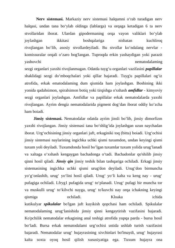      Nerv sistemasi.  Markaziy nerv sistemasi halqumni o‘rab turadigan nerv
halqasi, undan tana bo‘ylab oldinga (lablarga) va orqaga ketadigan 6 ta nerv
stvollaridan  iborat.  Ulardan  gipodermaning  orqa  vayon  valiklari  bo‘ylab
joylashgan
 
ikkitasi
 
boshqalariga
 
nisbatan
 
kuchliroq
rivojlangan  bo‘lib,  asosiy  stvollardeyiladi.  Bu  stvollar  ko‘ndalang  nervlar  -
komissuralar orqali o‘zaro bog'langan. Tuproqda erkin yashaydigan yoki parazit
yashovchi
 
nematodalaming
sezgi organlari yaxshi rivojlanmagan. Odatda tuyg‘u organlari vazifasini papillalar
shaklidagi  sezgi  do‘mboqchalari  yoki  qillar  bajaradi.  Tuyg'u  papillalari  og‘iz
atrofida,  erkak  ematodalaming  dum  qismida  ham  joylashgan.  Boshining  ikki
yonida qadahsimon, spiralsimon botiq yoki tirqishga o'xshash amfidlar - kimyoviy
sezgi organlari joylashgan. Amfidlar va papillalar erkak nematodalarda yaxshi
rivojlangan. Ayrim dengiz nematodalarida pigment dog‘dan iborat oddiy ko‘zcha
ham boiadi. 
     Jinsiy sistemasi.  Nematodalar odatda ayrim jinsli bo’lib, jinsiy dimorfizm
yaxshi rivojlangan. Jinsiy sistemasi tana bo‘shlig‘ida joylashgan uzun naychadan
iborat. Urg‘ochisining jinsiy organlari juft, erkaginiki toq (bitta) boiadi. Urg‘ochisi
jinsiy sistemasi naylarining ingichka uchki qismi tuxumdon, undan keyingi qismi
tuxum yoli deyiladi. Tuxumdonda hosil bo’lgan tuxumlar tuxum yolida urug’lanadi
va xaltaga o‘xshash kengaygan bachadonga o‘tadi. Bachadonlar qo'shilib jinsiy
qinni hosil qiladi. Jinsiy qin jinsiy teshik bilan tashqariga ochiladi. Erkagi jinsiy
sistemasining  ingichka  uchki  qismi  urug'don  deyiladi.  Urug‘don  birmuncha
yo‘g‘onlashib, urug‘ yo‘lini hosil qiladi. Urug‘ yo‘li kalta va keng nay - urug‘
pufagiga ochiladi. Lfryg1 pufagida urug‘ to‘planadi. Urug‘ pufagi bir muncha tor
va muskulli urug‘ to‘kilvchi nayga, urug‘ to'kuvchi nay orqa ichakning keyingi
qismiga
 
ochiladi.
 
Kloaka
 
ichida
kutikulyar  spikulalar  bo'lgan  juft  kuyikish  qopchasi  ham  ochiladi.  Spikulalar
nematodalaming  urug‘lanishida  jinsiy  qinni  kengaytirish  vazifasini  bajaradi.
Ko'pchilik nematodalar erkagining anal teshigi atrofida yupqa parda - bursa hosil
bo‘ladi.  Bursa  erkak  nematodalami  urg‘ochisi  ustida  ushlab  turish  vazifasini
bajaradi. Nematodalar urug‘ hujayrasining xivchinlari bo'lmaydi, urug‘ hujayrasi
kalta  soxta  oyoq  hosil  qilish  xususiyatiga  ega.  Tuxum  hujayra  ona
