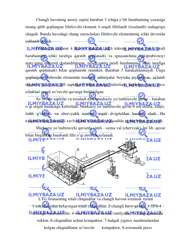  
 
Changli havoning asosiy oqimi baraban 3 ichiga o’tib barabanning yuzasiga 
tarang qilib qoplangan filtrlovchi element 4 orqali filtrlanib (tozalanib) tashqariga 
chiqadi. Bunda havodagi chang zarrachalari filtrlovchi elementning ichki devorida 
ushlanib qoladi. 
Filtrlovchi element 4 ikki xil material, tukli trikotaj polotnosi (tukli tarafi 
barabanning ichki tarafiga qaratib qoplanadi) va ignasanchma (igloprabivnoy) 
noto’qima material (kalandrlangan, silliq, qattiq tarafi barabanning ichki tarafiga 
qaratib qoplanadi) bilan qoplanishi mumkin. Baraban 3 harakatlanmaydi. Unga 
qoplangan filtrlovchi elementni tozalash sektsiyalar boyicha joylashgan, aylanib 
turuvchi, so’ruvchi juft saplolar 5 bilan amalga oshiriladi. Saplolar elastik havo 
ichaklari orqali so’ruvchi quvurga biriktirilgan. 
So’ruvchi saplolar va tozalash diski markaziy yo’naltiruvchi quvur – baraban 
o’qi orqali harakatga keltiriladi. Markaziy yo’naltiruvchi quvur 6 esa mufta, zanjir, 
tishli g’ildirak va chervyakli uzatma orqali dvigiteldan harakat oladi. Bu 
uzatmalarning hammasi xavfsizlikni ta`minlash maqsadida  qobiq bilan qoplanadi. 
Markaziy yo’naltiruvchi quvurda vintli - oyma val (chervyak)  bo’lib, quvur 
bilan birgalikda barabanli filtr o’qi atrofida aylanadi.   
 
 
 LTG firmasining tolali chiqindilar va changli havoni tozalash  tizimi 
1-uskunalardan kelayotgan tolali chiqindilar, 2-changli havo quvuri, 3-TFS-4 - 
turidagi barabanli filtr, 4-toza havoni so’ruvchi vintilyator, 5-chang ajratuvchi 
tsiklon, 6-chiqindilar uchun kompaktor, 7-halqali yigiruv mashinalaridan 
kelgan chiqindilarni so’ruvchi       kompaktor, 8-avtomatik press 
