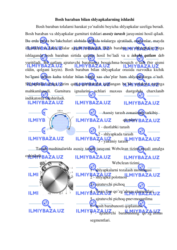  
 
Bosh baraban bilan shlyapkalarning ishlashi  
Bosh baraban tolalarni harakat yo’nalishi boyicha shlyapkalar uzeliga beradi. 
Bosh baraban va shlyapkalar garnituri tishlari asosiy tarash jarayonini hosil qiladi. 
Bu erda paxta bo’lakchalari alohida-alohida tolalarga ajratiladi, nuqsonlar, mayda 
iflosliklar va kalta tolalar ajratib tashlanadi. Bosh baraban va shlyapkalar birga 
ishlaganda bosh baraban sirtida qatlam hosil bo’ladi va u ishchi qatlam deb 
yuritiladi. Bu qatlam ajratuvchi barabanga bosqichma-bosqich o’tadi (bir qismi 
oldin, qolgani keyin). Bosh baraban bilan shlyapkalar orasida razvodka kichik 
bo’lgani uchun kalta tolalar bilan barga xas cho’plar ham shlyapkalarga o’tadi. 
Shlyapkalar sirtiga yarim qattiq garnituralar qoplangan bo’lib, uzluksiz zanjirga 
mahkamlanadi. Garnitura ignalarini uchlari maxsus dastgohda charxlanib 
indikatorda tekshiriladi. 
 
 
Asosiy tarash zonasining tarkibiy 
qismlari. 
1 - dastlabki tarash  
2 - shlyapkada tarash    
3 - yakuniy tarash  
Tarash mashinalarida asosiy tarash jarayoni Webclean tizimi orqali amalga 
oshiriladi.  
 
 Webclean tizimi 
1 - shlyapkalarni tozalash moslamasi   
2 - shlyapka polotnosi 
3 - ajratuvchi pichoq   
4 - Twin Top qo’zg’almas elementlari,  
5 - ajratuvchi pichoq-pnevmoqurilma   
6 - bosh barabanosti qoplamasi,  
7 - ajratuvchi barabanning qo’zg’almas 
segmentlari.  

