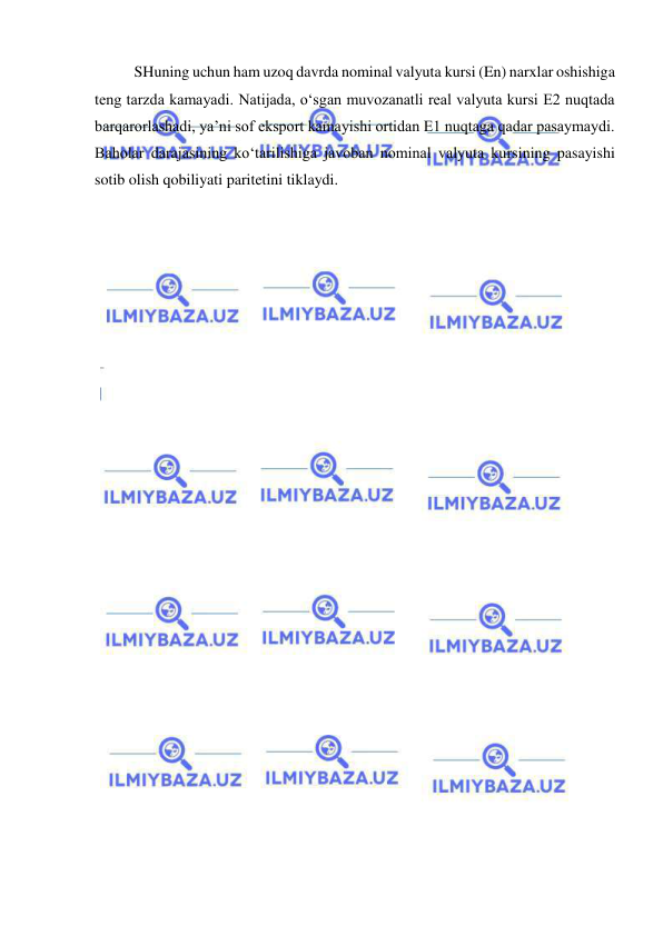  
 
SHuning uchun ham uzoq davrda nominal valyuta kursi (En) narxlar oshishiga 
teng tarzda kamayadi. Natijada, o‘sgan muvozanatli real valyuta kursi E2 nuqtada 
barqarorlashadi, ya’ni sof eksport kamayishi ortidan E1 nuqtaga qadar pasaymaydi. 
Baholar darajasining ko‘tarilishiga javoban nominal valyuta kursining pasayishi 
sotib olish qobiliyati paritetini tiklaydi.  
 
