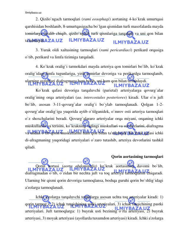 Ilmiybaza.uz 
 
 
2. Qizilo`ngach tarmoqlari (rami eosophagi) aortaning 4-ko`krak umurtqasi 
qarshisidan boshlanib, 8-umurtqasigacha bo`lgan qismidan turli masofalarda mayda 
tomirlarga ajralib chiqib, qizilo`ngach turli qismlariga tarqaladi va uni qon bilan 
ta'minlaydi. 
 
3. Yurak oldi xaltasining tarmoqlari (rami pericardiaci) perikard orqasiga 
o`tib, perikard va limfa tizimiga tarqaladi. 
 
4. Ko`krak oralig`i tarmokdari mayda arteriya qon tomirlari bo`lib, ko`krak 
oralig`idagi limfa tugunlariga, yirik tomirlar devoriga va perikardga tarmoqlanib, 
ularning ayrimlari diafragmaga ham borib, uni ham qon bilan ta'minlaydi. 
 
Ko`krak qafasi devoriga tarqaluvchi (parietal) arteriyalarga qovurg`alar 
oralig`ining orqa arteriyalari (aa. intercostales posteriores) kiradi. Ular o`n juft 
bo`lib, asosan 3-11-qovurg`alar oralig`i bo`ylab tarmoqlanadi. Qolgan 1-2-
qovurg`alar oralig`iga yuqorida aytib o`tilganidek, o`mrov osti arteriya tarmoqlari 
o`z shoxchalarini beradi. Qovurg`alararo arteriyalar orqa miyani, orqaning ichki 
muskullarini va terisini, ko`krakning oldingi muskullari va sut bezlarini, diafragma 
va undan o`tib qorin muskullarini ham qon bilan ta'minlaydi. Ko`krak qafasi ichki 
di-afragmaning yuqoridagi arteriyalari o`zaro tutashib, arteriya devorlarini tashkil 
qiladi. 
Qorin aortasining tarmoqlari 
 
Qorin aortasi (aorta abdominalis) ko`krak aortasining davomi bo`lib, 
diafragmadan o`tib, o`zidan bir nechta juft va toq arteriya tarmoqlarini chiqaradi. 
Ularning bir qismi qorin devoriga tarmoqlansa, boshqa guruhi qorin bo`shlig`idagi 
a'zolarga tarmoqlanadi. 
 
Ichki a'zolarga tarqaluvchi tomirlarga asosan uchta toq arteriyalar kiradi: 1) 
qorin tarmog`i, 2) ichak tutqichining ustki arteriyalari, 3) ichak tutqichining pastki 
arteriyalari. Juft tarmoqlarga: 1) buyrak usti bezining o`rta arteriyasi, 2) buyrak 
arteriyasi, 3) moyak arteriyasi (ayollarda tuxumdon arteriyasi) kiradi. Ichki a'zolarga 
