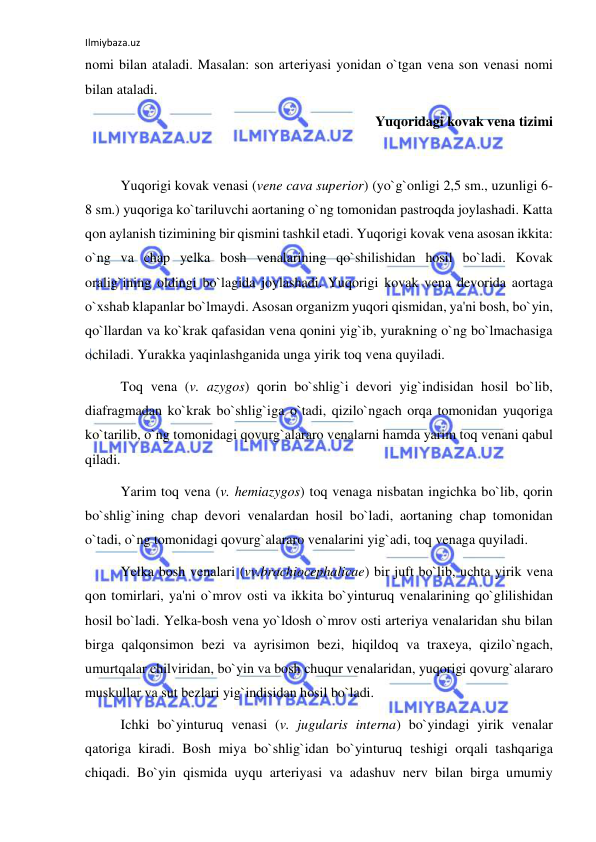 Ilmiybaza.uz 
 
nomi bilan ataladi. Masalan: son arteriyasi yonidan o`tgan vena son venasi nomi 
bilan ataladi. 
 
Yuqoridagi kovak vena tizimi 
 
 
Yuqorigi kovak venasi (vene cava superior) (yo`g`onligi 2,5 sm., uzunligi 6-
8 sm.) yuqoriga ko`tariluvchi aortaning o`ng tomonidan pastroqda joylashadi. Katta 
qon aylanish tizimining bir qismini tashkil etadi. Yuqorigi kovak vena asosan ikkita: 
o`ng va chap yelka bosh venalarining qo`shilishidan hosil bo`ladi. Kovak 
oralig`ining oldingi bo`lagida joylashadi. Yuqorigi kovak vena devorida aortaga 
o`xshab klapanlar bo`lmaydi. Asosan organizm yuqori qismidan, ya'ni bosh, bo`yin, 
qo`llardan va ko`krak qafasidan vena qonini yig`ib, yurakning o`ng bo`lmachasiga 
ochiladi. Yurakka yaqinlashganida unga yirik toq vena quyiladi.  
 
Toq vena (v. azygos) qorin bo`shlig`i devori yig`indisidan hosil bo`lib, 
diafragmadan ko`krak bo`shlig`iga o`tadi, qizilo`ngach orqa tomonidan yuqoriga 
ko`tarilib, o`ng tomonidagi qovurg`alararo venalarni hamda yarim toq venani qabul 
qiladi. 
 
Yarim toq vena (v. hemiazygos) toq venaga nisbatan ingichka bo`lib, qorin 
bo`shlig`ining chap devori venalardan hosil bo`ladi, aortaning chap tomonidan 
o`tadi, o`ng tomonidagi qovurg`alararo venalarini yig`adi, toq venaga quyiladi. 
 
Yelka bosh venalari (vv.brachiocephalicae) bir juft bo`lib, uchta yirik vena 
qon tomirlari, ya'ni o`mrov osti va ikkita bo`yinturuq venalarining qo`glilishidan 
hosil bo`ladi. Yelka-bosh vena yo`ldosh o`mrov osti arteriya venalaridan shu bilan 
birga qalqonsimon bezi va ayrisimon bezi, hiqildoq va traxeya, qizilo`ngach, 
umurtqalar chilviridan, bo`yin va bosh chuqur venalaridan, yuqorigi qovurg`alararo 
muskullar va sut bezlari yig`indisidan hosil bo`ladi. 
 
Ichki bo`yinturuq venasi (v. jugularis interna) bo`yindagi yirik venalar 
qatoriga kiradi. Bosh miya bo`shlig`idan bo`yinturuq teshigi orqali tashqariga 
chiqadi. Bo`yin qismida uyqu arteriyasi va adashuv nerv bilan birga umumiy 
