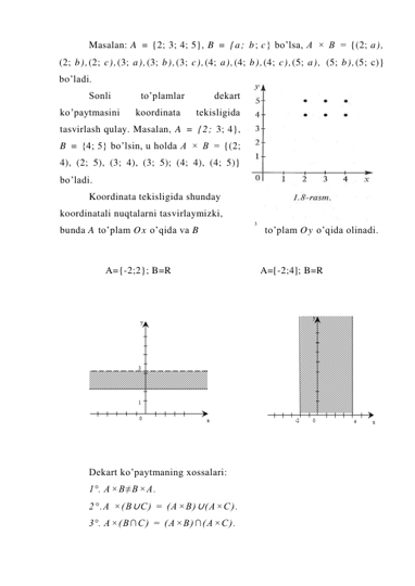 Masalan: A = {2; 3; 4; 5}, B = {a; b; c} bo’lsa, A × B = {(2; a), 
(2; b),(2; c),(3; a),(3; b),(3; c),(4; a),(4; b),(4; c),(5; a), (5; b),(5; c)} 
bo’ladi. 
Sonli 
to’plamlar 
dekart 
ko’paytmasini 
koordinata 
tekisligida 
tasvirlash qulay. Masalan, A = {2; 3; 4}, 
B = {4; 5} bo’lsin, u holda A × B = {(2; 
4), (2; 5), (3; 4), (3; 5); (4; 4), (4; 5)} 
bo’ladi. 
Koordinata tekisligida shunday 
koordinatali nuqtalarni tasvirlaymizki, 
bunda A to’plam Ox o’qida va B 
to’plam Oy o’qida olinadi. 
 
      A={-2;2}; B=R                                A=[-2;4]; B=R 
 
                  
 
 
 
Dekart ko’paytmaning xossalari: 
1°. A×B≠B×A. 
2°.A ×(B∪C) = (A×B)∪(A×C). 
3°. A×(B∩C) = (A×B)∩(A×C). 
3 
