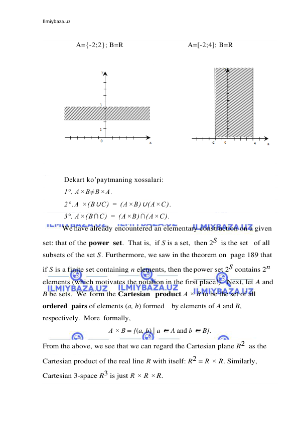 Ilmiybaza.uz 
 
 
      A={-2;2}; B=R                                A=[-2;4]; B=R 
 
                  
 
 
 
Dekart ko’paytmaning xossalari: 
1°. A×B≠B×A. 
2°.A ×(B∪C) = (A×B)∪(A×C). 
3°. A×(B∩C) = (A×B)∩(A×C). 
            We have already encountered an elementary construction on a given 
set: that of the power  set.  That is,  if S is a set,  then 2S  is the set  of all 
subsets of the set S. Furthermore, we saw in the theorem on page 189 that 
if S is a finite set containing n elements, then the power set 2S contains 2n 
elements (which motivates the notation in the first place!).  Next, let A and 
B be sets.  We  form the Cartesian  product A × B to be the set of all 
ordered  pairs of elements (a, b) formed   by elements of A and B, 
respectively.  More  formally, 
A × B = {(a, b) | a ∈ A and b ∈ B}. 
From the above, we see that we can regard the Cartesian plane R2  as the 
Cartesian product of the real line R with itself: R2 = R × R. Similarly, 
Cartesian 3-space R3 is just R × R × R. 
 
