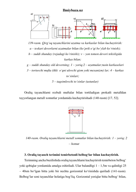 Ilmiybaza.uz 
 
139-rasm. Qirg‘oq tayanchlarini uzatma va karkaslar bilan kuchaytirish: 
a – teskari devorlarni uzatmalar bilan (ko‘prik o‘qi bo‘ylab ko‘rinish);  
b – xuddi shunday (rejadagi ko‘rinishi); v – yon tomon devori tekisligida 
karkas bilan; 
g – xuddi shunday old devorning; 1 – yoriq;2 – uzatmalar;tusin karkaselari 
3 – tortuvchi mufta (ikki  o‘qni ulovchi qism yoki mexanizm) lar; 4 – karkas 
to‘sinlari;  
5 – taqsimlovchi to‘sinlar (ustunlar) 
 
Oraliq tayanchlarni rezbali muftalar bilan tortiladigan prokatli metalldan 
tayyorlangan metall xomutlar yordamida kuchaytirishadi (140-rasm) [17, 52]. 
 
 
140-rasm. Oraliq tayanchlarni metall xomutlar bilan kuchaytirish: 1 – yoriq; 2 
– homut 
 
3. Oraliq tayanch terimini temirbetonli belbog‘lar bilan kuchaytirish.  
Terimning ancha buzilishida oraliq tayanchlarni kuchaytirish temirbeton belbog‘ 
yoki qobiqlar yordamida amalga oshiriladi. Ular balandligi 1 – 1,5m va qalinligi 25 
– 40sm bo‘lgan bitta yoki bir nechta gorizontal ko‘rinishda quriladi (141-rasm). 
Belbog‘lar soni tayanchlar holatiga bog‘liq. Gorizontal yoriqlar bitta belbog‘ bilan, 
