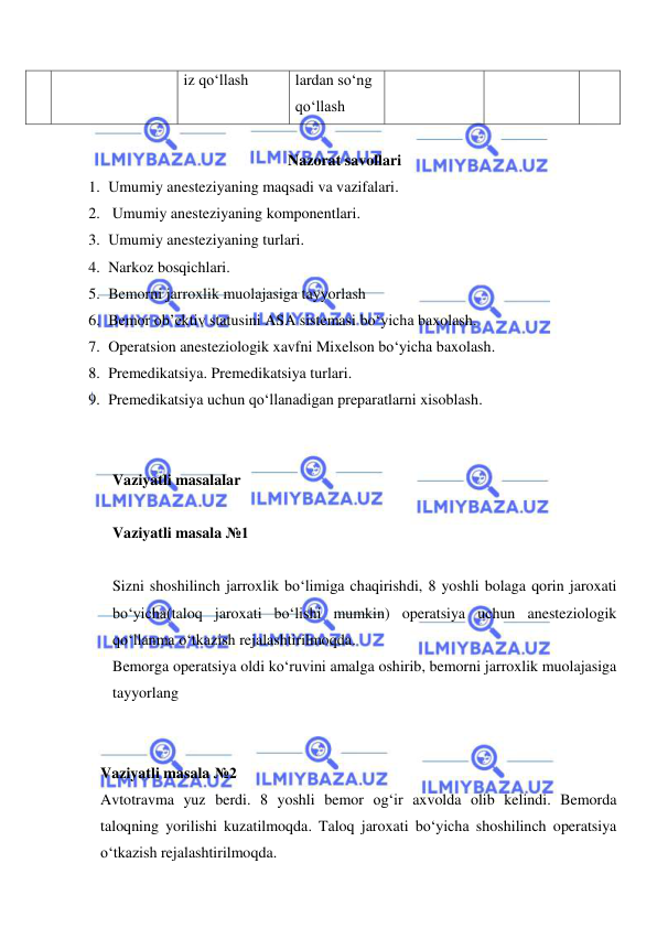  
 
iz qo‘llash 
lardan so‘ng 
qo‘llash 
 
Nazorat savollari 
1. Umumiy anesteziyaning maqsadi va vazifalari. 
2.  Umumiy anesteziyaning komponentlari. 
3. Umumiy anesteziyaning turlari. 
4. Narkoz bosqichlari. 
5. Bemorni jarroxlik muolajasiga tayyorlash 
6. Bemor ob’ektiv statusini ASA sistemasi bo‘yicha baxolash. 
7. Operatsion anesteziologik xavfni Mixelson bo‘yicha baxolash. 
8. Premedikatsiya. Premedikatsiya turlari. 
9. Premedikatsiya uchun qo‘llanadigan preparatlarni xisoblash. 
 
 
Vaziyatli masalalar 
 
Vaziyatli masala №1 
 
Sizni shoshilinch jarroxlik bo‘limiga chaqirishdi, 8 yoshli bolaga qorin jaroxati 
bo‘yicha(taloq jaroxati bo‘lishi mumkin) operatsiya uchun anesteziologik 
qo‘llanma o‘tkazish rejalashtirilmoqda. 
Bemorga operatsiya oldi ko‘ruvini amalga oshirib, bemorni jarroxlik muolajasiga 
tayyorlang  
 
     
Vaziyatli masala №2 
Avtotravma yuz berdi. 8 yoshli bemor og‘ir axvolda olib kelindi. Bemorda 
taloqning yorilishi kuzatilmoqda. Taloq jaroxati bo‘yicha shoshilinch operatsiya 
o‘tkazish rejalashtirilmoqda.  
