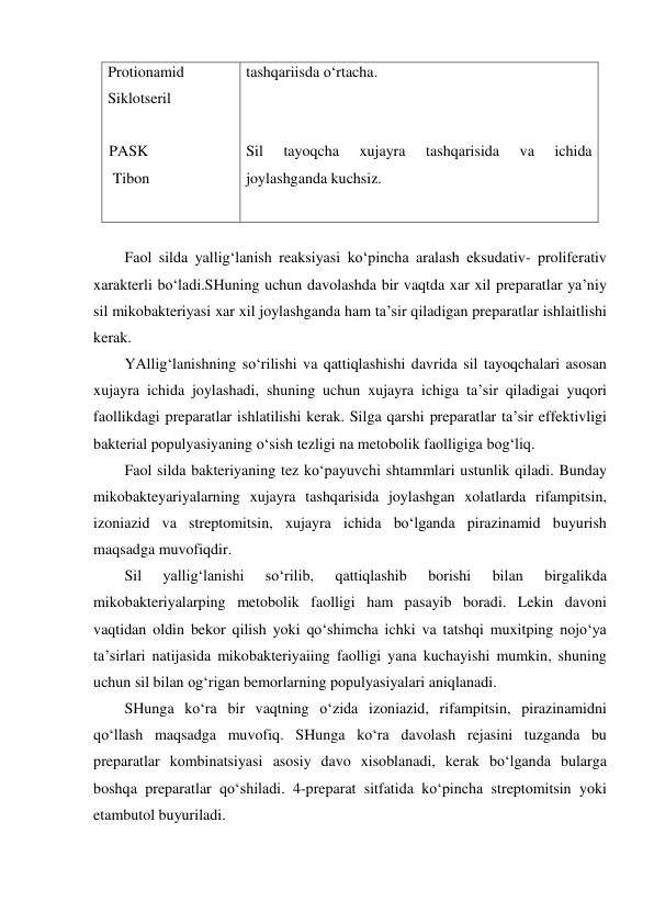 Protionamid 
Siklotseril 
 
PASK 
 Tibon 
 
tashqariisda o‘rtacha. 
 
 
Sil 
tayoqcha 
xujayra 
tashqarisida 
va 
ichida 
joylashganda kuchsiz. 
 
Faol silda yallig‘lanish reaksiyasi ko‘pincha aralash eksudativ- proliferativ 
xarakterli bo‘ladi.SHuning uchun davolashda bir vaqtda xar xil preparatlar ya’niy 
sil mikobakteriyasi xar xil joylashganda ham ta’sir qiladigan preparatlar ishlaitlishi 
kerak. 
YAllig‘lanishning so‘rilishi va qattiqlashishi davrida sil tayoqchalari asosan 
xujayra ichida joylashadi, shuning uchun xujayra ichiga ta’sir qiladigai yuqori 
faollikdagi preparatlar ishlatilishi kerak. Silga qarshi preparatlar ta’sir effektivligi 
bakterial populyasiyaning o‘sish tezligi na metobolik faolligiga bog‘liq.  
Faol silda bakteriyaning tez ko‘payuvchi shtammlari ustunlik qiladi. Bunday 
mikobakteyariyalarning xujayra tashqarisida joylashgan xolatlarda rifampitsin, 
izoniazid va streptomitsin, xujayra ichida bo‘lganda pirazinamid buyurish 
maqsadga muvofiqdir. 
Sil 
yallig‘lanishi 
so‘rilib, 
qattiqlashib 
borishi 
bilan 
birgalikda 
mikobakteriyalarping metobolik faolligi ham pasayib boradi. Lekin davoni 
vaqtidan oldin bekor qilish yoki qo‘shimcha ichki va tatshqi muxitping nojo‘ya 
ta’sirlari natijasida mikobakteriyaiing faolligi yana kuchayishi mumkin, shuning 
uchun sil bilan og‘rigan bemorlarning populyasiyalari aniqlanadi.  
SHunga ko‘ra bir vaqtning o‘zida izoniazid, rifampitsin, pirazinamidni 
qo‘llash maqsadga muvofiq. SHunga ko‘ra davolash rejasini tuzganda bu 
preparatlar kombinatsiyasi asosiy davo xisoblanadi, kerak bo‘lganda bularga 
boshqa preparatlar qo‘shiladi. 4-preparat sitfatida ko‘pincha streptomitsin yoki 
etambutol buyuriladi. 

