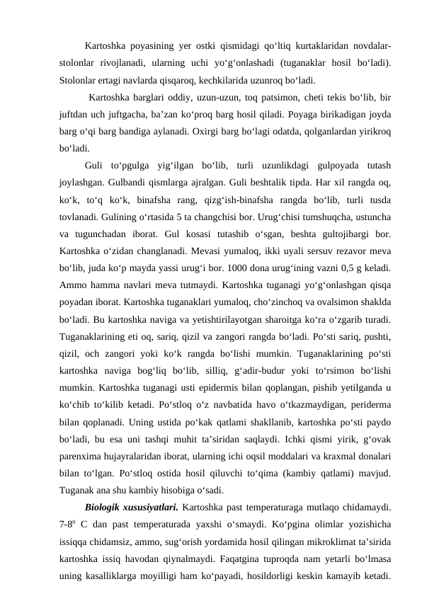 Kartoshka poyasining yer ostki qismidagi qo‘ltiq kurtaklaridan novdalar-
stolonlar  rivojlanadi,  ularning  uchi  yo‘g‘onlashadi  (tuganaklar  hosil  bo‘ladi).
Stolonlar ertagi navlarda qisqaroq, kechkilarida uzunroq bo‘ladi.
 Kartoshka barglari oddiy, uzun-uzun, toq patsimon, cheti tekis bo‘lib, bir
juftdan uch juftgacha, ba’zan ko‘proq barg hosil qiladi. Poyaga birikadigan joyda
barg o‘qi barg bandiga aylanadi. Oxirgi barg bo‘lagi odatda, qolganlardan yirikroq
bo‘ladi. 
Guli  to‘pgulga  yig‘ilgan  bo‘lib,  turli  uzunlikdagi  gulpoyada  tutash
joylashgan. Gulbandi qismlarga ajralgan. Guli beshtalik tipda. Har xil rangda oq,
ko‘k,  to‘q  ko‘k,  binafsha  rang,  qizg‘ish-binafsha  rangda  bo‘lib,  turli  tusda
tovlanadi. Gulining o‘rtasida 5 ta changchisi bor. Urug‘chisi tumshuqcha, ustuncha
va  tugunchadan  iborat.  Gul  kosasi  tutashib  o‘sgan,  beshta  gultojibargi  bor.
Kartoshka o‘zidan changlanadi. Mevasi yumaloq, ikki uyali sersuv rezavor meva
bo‘lib, juda ko‘p mayda yassi urug‘i bor. 1000 dona urug‘ining vazni 0,5 g keladi.
Ammo hamma navlari meva tutmaydi. Kartoshka tuganagi yo‘g‘onlashgan qisqa
poyadan iborat. Kartoshka tuganaklari yumaloq, cho‘zinchoq va ovalsimon shaklda
bo‘ladi. Bu kartoshka naviga va yetishtirilayotgan sharoitga ko‘ra o‘zgarib turadi.
Tuganaklarining eti oq, sariq, qizil va zangori rangda bo‘ladi. Po‘sti sariq, pushti,
qizil,  och  zangori  yoki  ko‘k  rangda  bo‘lishi  mumkin.  Tuganaklarining  po‘sti
kartoshka  naviga  bog‘liq  bo‘lib,  silliq,  g‘adir-budur  yoki  to‘rsimon  bo‘lishi
mumkin. Kartoshka tuganagi usti epidermis bilan qoplangan, pishib yetilganda u
ko‘chib to‘kilib ketadi. Po‘stloq o‘z navbatida havo o‘tkazmaydigan, periderma
bilan qoplanadi. Uning ustida po‘kak qatlami shakllanib, kartoshka po‘sti paydo
bo‘ladi, bu esa uni tashqi muhit ta’siridan saqlaydi. Ichki qismi yirik, g‘ovak
parenxima hujayralaridan iborat, ularning ichi oqsil moddalari va kraxmal donalari
bilan to‘lgan. Po‘stloq ostida hosil qiluvchi to‘qima (kambiy qatlami) mavjud.
Tuganak ana shu kambiy hisobiga o‘sadi.
Biologik xususiyatlari. Kartoshka past temperaturaga mutlaqo chidamaydi.
7-80 C dan past  temperaturada yaxshi  o‘smaydi. Ko‘pgina olimlar yozishicha
issiqqa chidamsiz, ammo, sug‘orish yordamida hosil qilingan mikroklimat ta’sirida
kartoshka issiq havodan qiynalmaydi. Faqatgina tuproqda nam yetarli bo‘lmasa
uning kasalliklarga moyilligi ham ko‘payadi, hosildorligi keskin kamayib ketadi.
