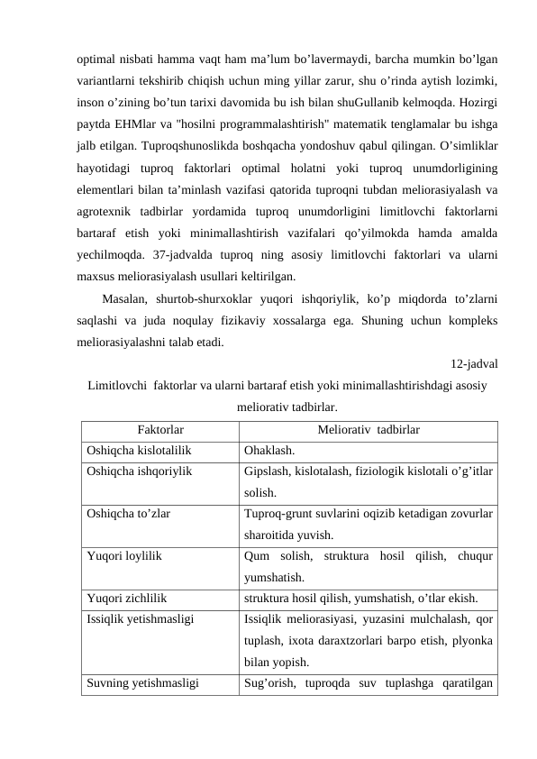 optimal nisbati hamma vaqt ham ma’lum bo’lavermaydi, barcha mumkin bo’lgan
variantlarni tekshirib chiqish uchun ming yillar zarur, shu o’rinda aytish lozimki,
inson o’zining bo’tun tarixi davomida bu ish bilan shuGullanib kelmoqda. Hozirgi
paytda EHMlar va "hosilni programmalashtirish" matematik tenglamalar bu ishga
jalb etilgan. Tuproqshunoslikda boshqacha yondoshuv qabul qilingan. O’simliklar
hayotidagi  tuproq  faktorlari  optimal  holatni  yoki  tuproq  unumdorligining
elementlari bilan ta’minlash vazifasi qatorida tuproqni tubdan meliorasiyalash va
agrotexnik  tadbirlar  yordamida  tuproq  unumdorligini  limitlovchi  faktorlarni
bartaraf  etish  yoki  minimallashtirish  vazifalari  qo’yilmokda  hamda  amalda
yechilmoqda.  37-jadvalda  tuproq  ning  asosiy  limitlovchi  faktorlari  va  ularni
maxsus meliorasiyalash usullari keltirilgan.
Masalan,  shurtob-shurxoklar  yuqori  ishqoriylik,  ko’p  miqdorda  to’zlarni
saqlashi  va  juda  noqulay  fizikaviy  xossalarga  ega.  Shuning  uchun  kompleks
meliorasiyalashni talab etadi.
12-jadval
Limitlovchi  faktorlar va ularni bartaraf etish yoki minimallashtirishdagi asosiy
meliorativ tadbirlar.
Faktorlar
Meliorativ  tadbirlar
Oshiqcha kislotalilik
Ohaklash.
Oshiqcha ishqoriylik
Gipslash, kislotalash, fiziologik kislotali o’g’itlar
solish.
Oshiqcha to’zlar
Tuproq-grunt suvlarini oqizib ketadigan zovurlar
sharoitida yuvish.
Yuqori loylilik
Qum  solish,  struktura  hosil  qilish,  chuqur
yumshatish.
Yuqori zichlilik
struktura hosil qilish, yumshatish, o’tlar ekish.
Issiqlik yetishmasligi
Issiqlik meliorasiyasi, yuzasini mulchalash, qor
tuplash, ixota daraxtzorlari barpo etish, plyonka
bilan yopish.
Suvning yetishmasligi
Sug’orish,  tuproqda  suv  tuplashga  qaratilgan

