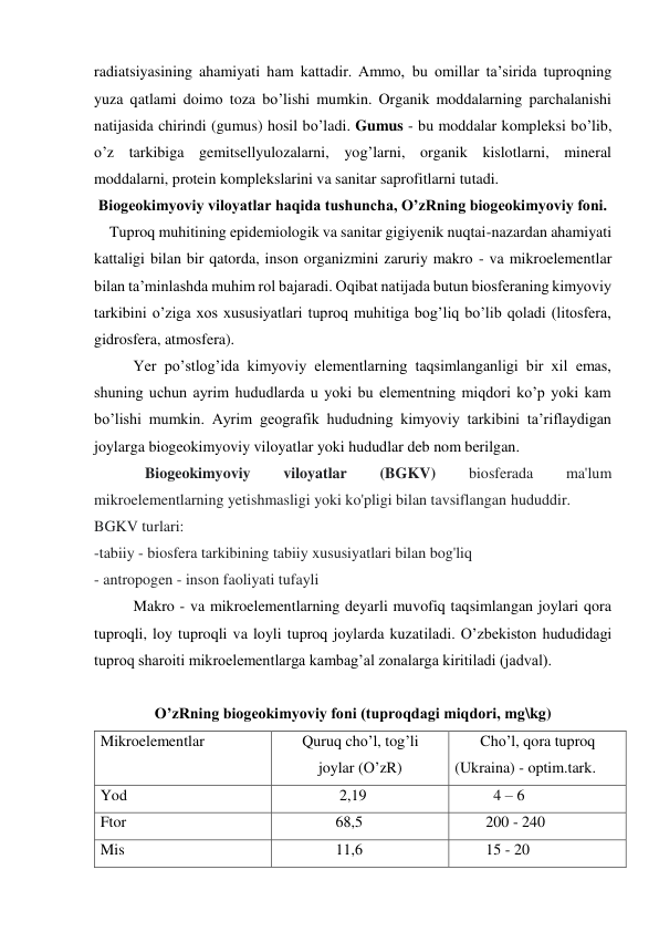 radiatsiyasining ahamiyati ham kattadir. Ammo, bu omillar ta’sirida tuproqning 
yuza qatlami doimo toza bo’lishi mumkin. Organik moddalarning parchalanishi 
natijasida chirindi (gumus) hosil bo’ladi. Gumus - bu moddalar kompleksi bo’lib, 
o’z tarkibiga gemitsellyulozalarni, yog’larni, organik kislotlarni, mineral 
moddalarni, protein komplekslarini va sanitar saprofitlarni tutadi. 
Biogeokimyoviy viloyatlar haqida tushuncha, O’zRning biogeokimyoviy foni. 
    Tuproq muhitining epidemiologik va sanitar gigiyenik nuqtai-nazardan ahamiyati 
kattaligi bilan bir qatorda, inson organizmini zaruriy makro - va mikroelementlar 
bilan ta’minlashda muhim rol bajaradi. Oqibat natijada butun biosferaning kimyoviy 
tarkibini o’ziga xos xususiyatlari tuproq muhitiga bog’liq bo’lib qoladi (litosfera, 
gidrosfera, atmosfera).  
Yer po’stlog’ida kimyoviy elementlarning taqsimlanganligi bir xil emas, 
shuning uchun ayrim hududlarda u yoki bu elementning miqdori ko’p yoki kam 
bo’lishi mumkin. Ayrim geografik hududning kimyoviy tarkibini ta’riflaydigan 
joylarga biogeokimyoviy viloyatlar yoki hududlar deb nom berilgan.  
 
Biogeokimyoviy 
viloyatlar 
(BGKV) 
biosferada 
ma'lum 
mikroelementlarning yetishmasligi yoki ko'pligi bilan tavsiflangan hududdir. 
BGKV turlari: 
-tabiiy - biosfera tarkibining tabiiy xususiyatlari bilan bog'liq 
- antropogen - inson faoliyati tufayli 
Makro - va mikroelementlarning deyarli muvofiq taqsimlangan joylari qora 
tuproqli, loy tuproqli va loyli tuproq joylarda kuzatiladi. O’zbekiston hududidagi 
tuproq sharoiti mikroelementlarga kambag’al zonalarga kiritiladi (jadval). 
               
O’zRning biogeokimyoviy foni (tuproqdagi miqdori, mg\kg) 
Mikroelementlar 
Quruq cho’l, tog’li 
joylar (O’zR) 
Cho’l, qora tuproq 
(Ukraina) - optim.tark. 
Yod 
                2,19 
          4 – 6 
Ftor 
               68,5  
        200 - 240   
Mis 
               11,6  
        15 - 20  

