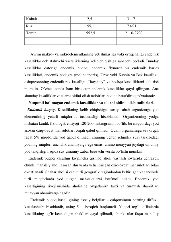Kobalt 
               2,5 
         3 – 7 
Rux 
               55,1 
         73-91 
Temir 
              552,5  
       2110-2790   
 
 
 
 
      Ayrim makro- va mikroelementlarning yetishmasligi yoki ortiqchaligi endemik 
kasalliklar deb ataluvchi xastaliklarning kelib chiqishiga sababchi bo’ladi. Bunday 
kasalliklar qatoriga endemik buqoq, endemik flyuoroz va endemik karies 
kasalliklari, endemik podagra (molibdenozis), Urov yoki Kashin va Bek kasalligi, 
oshqozonnning endemik rak kasalligi, “Itay-itay” va boshqa kasalliklarni keltirish 
mumkin. O’zbekistonda ham bir qator endemik kasalliklar qayd qilingan. Ana 
shunday kasalliklar va ularni oldini olish tadbirlari haqida batafsilroq to’xtalamiz. 
Yuqumli bo’lmagan endemik kasalliklar va ularni oldini  olish tadbirlari. 
   Endemik buqoq. Kasallikning kelib chiqishiga asosiy sabab organizmga yod 
elementining yetarli miqdorida tushmasligi hisoblanadi. Organizmning yodga 
nisbatan kunlik fiziologik ehtiyoji 120-200 mikrogramm bo’lib, bu miqdordagi yod 
asosan oziq-ovqat mahsulotlari orqali qabul qilinadi. Odam organizmiga suv orqali 
faqat 5% miqdorida yod qabul qilinadi, shuning uchun ichimlik suvi tarkibidagi 
yodning miqdori unchalik ahamiyatga ega emas, ammo muayyan joydagi umumiy 
yod tanqisligi haqida suv umumiy xabar beruvchi vosita bo’lishi mumkin. 
    Endemik buqoq kasalligi ko’pincha qishloq aholi yashash joylarida uchraydi, 
chunki mahalliy aholi asosan shu yerda yetishtirilgan oziq-ovqat mahsulotlari bilan 
ovqatlanadi. Shahar aholisi esa, turli geografik regionlardan keltirilgan va tarkibida 
turli miqdorlarda yod tutgan mahsulotlarni iste’mol qiladi. Endemik yod 
kasalligining rivojlanishida aholining ovqatlanish tarzi va turmush sharoitlari 
muayyan ahamiyatga egadir. 
      Endemik buqoq kasalligining asosiy belgilari - qalqonsimon bezning diffuzli 
kattalashishi hisoblanib, uning 5 ta bosqich farqlanadi. Yuqori tog’li o’lkalarda 
kasallikning og’ir kechadigan shakllari qayd qilinadi, chunki ular faqat mahalliy 
