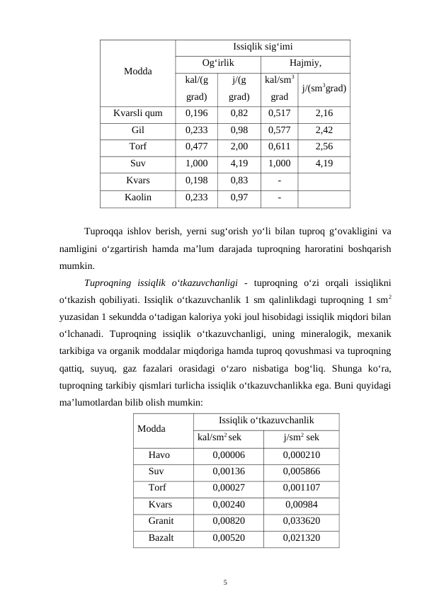 Modda
Issiqlik sig‘imi
Og‘irlik
Hajmiy, 
kal/(g
grad)
j/(g
grad)
kal/sm3
grad
j/(sm3grad)
Kvarsli qum
0,196
0,82
0,517
2,16
Gil
0,233
0,98
0,577
2,42
Torf
0,477
2,00
0,611
2,56
Suv
1,000
4,19
1,000
4,19
Kvars
0,198
0,83
-
Kaolin
0,233 
0,97
-
Tuproqqa ishlov berish, yerni sug‘orish yo‘li bilan tuproq g‘ovakligini va
namligini o‘zgartirish hamda ma’lum darajada tuproqning haroratini boshqarish
mumkin.
Tuproqning  issiqlik  o‘tkazuvchanligi  -  tuproqning  o‘zi  orqali  issiqlikni
o‘tkazish qobiliyati. Issiqlik o‘tkazuvchanlik 1 sm qalinlikdagi tuproqning 1 sm2
yuzasidan 1 sekundda o‘tadigan kaloriya yoki joul hisobidagi issiqlik miqdori bilan
o‘lchanadi.  Tuproqning  issiqlik  o‘tkazuvchanligi,  uning  mineralogik,  mexanik
tarkibiga va organik moddalar miqdoriga hamda tuproq qovushmasi va tuproqning
qattiq,  suyuq,  gaz  fazalari  orasidagi  o‘zaro  nisbatiga  bog‘liq.  Shunga  ko‘ra,
tuproqning tarkibiy qismlari turlicha issiqlik o‘tkazuvchanlikka ega. Buni quyidagi
ma’lumotlardan bilib olish mumkin:
Modda
Issiqlik o‘tkazuvchanlik
kal/sm2 sek
j/sm2 sek
Havo
0,00006
0,000210
Suv
0,00136
0,005866
Torf
0,00027
0,001107
Kvars
0,00240
0,00984
Granit
0,00820
0,033620
Bazalt
0,00520
0,021320
5
