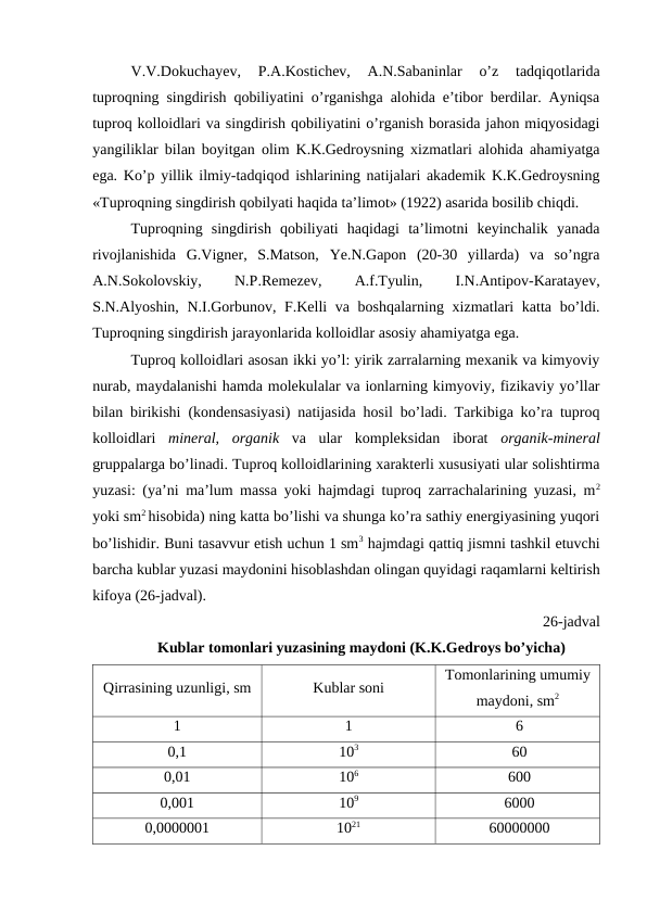 V.V.Dokuchayev,  P.A.Kostichev,  A.N.Sabaninlar  o’z  tadqiqotlarida
tuproqning singdirish qobiliyatini o’rganishga alohida e’tibor berdilar. Ayniqsa
tuproq kolloidlari va singdirish qobiliyatini o’rganish borasida jahon miqyosidagi
yangiliklar bilan boyitgan olim K.K.Gedroysning xizmatlari alohida ahamiyatga
ega. Ko’p yillik ilmiy-tadqiqod ishlarining natijalari akademik K.K.Gedroysning
«Tuproqning singdirish qobilyati haqida ta’limot» (1922) asarida bosilib chiqdi.
Tuproqning  singdirish  qobiliyati  haqidagi  ta’limotni  keyinchalik  yanada
rivojlanishida  G.Vigner,  S.Matson,  Ye.N.Gapon  (20-30  yillarda)  va  so’ngra
A.N.Sokolovskiy,
 
N.P.Remezev,
 
A.f.Tyulin,
 
I.N.Antipov-Karatayev,
S.N.Alyoshin, N.I.Gorbunov, F.Kelli  va boshqalarning xizmatlari  katta bo’ldi.
Tuproqning singdirish jarayonlarida kolloidlar asosiy ahamiyatga ega.
Tuproq kolloidlari asosan ikki yo’l: yirik zarralarning mexanik va kimyoviy
nurab, maydalanishi hamda molekulalar va ionlarning kimyoviy, fizikaviy yo’llar
bilan birikishi (kondensasiyasi) natijasida hosil bo’ladi. Tarkibiga ko’ra tuproq
kolloidlari  mineral,  organik  va  ular  kompleksidan  iborat  organik-mineral
gruppalarga bo’linadi. Tuproq kolloidlarining xarakterli xususiyati ular solishtirma
yuzasi: (ya’ni ma’lum massa yoki hajmdagi tuproq zarrachalarining yuzasi, m2
yoki sm2 hisobida) ning katta bo’lishi va shunga ko’ra sathiy energiyasining yuqori
bo’lishidir. Buni tasavvur etish uchun 1 sm3 hajmdagi qattiq jismni tashkil etuvchi
barcha kublar yuzasi maydonini hisoblashdan olingan quyidagi raqamlarni keltirish
kifoya (26-jadval).
26-jadval
Kublar tomonlari yuzasining maydoni (K.K.Gedroys bo’yicha)
Qirrasining uzunligi, sm
Kublar soni
Tomonlarining umumiy
maydoni, sm2
1
1
6
0,1
103
60
0,01
106
600
0,001
109
6000
0,0000001
1021
60000000
