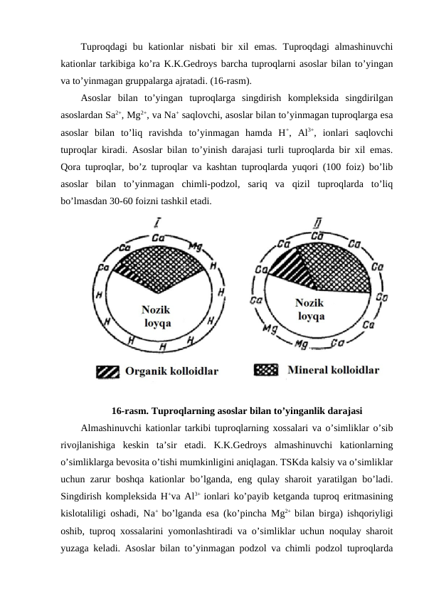 Tuproqdagi  bu  kationlar  nisbati  bir  xil  emas.  Tuproqdagi  almashinuvchi
kationlar tarkibiga ko’ra K.K.Gedroys barcha tuproqlarni asoslar bilan to’yingan
va to’yinmagan gruppalarga ajratadi. (16-rasm).
Asoslar  bilan  to’yingan  tuproqlarga  singdirish  kompleksida  singdirilgan
asoslardan Sa2+, Mg2+, va Na+ saqlovchi, asoslar bilan to’yinmagan tuproqlarga esa
asoslar  bilan  to’liq  ravishda  to’yinmagan  hamda  H+,  Al3+,  ionlari  saqlovchi
tuproqlar kiradi. Asoslar bilan to’yinish darajasi turli tuproqlarda bir xil emas.
Qora tuproqlar, bo’z tuproqlar va kashtan tuproqlarda yuqori (100 foiz) bo’lib
asoslar  bilan  to’yinmagan  chimli-podzol,  sariq  va  qizil  tuproqlarda  to’liq
bo’lmasdan 30-60 foizni tashkil etadi.
16-rasm. Tuproqlarning asoslar bilan to’yinganlik darajasi
Almashinuvchi kationlar tarkibi tuproqlarning xossalari va o’simliklar o’sib
rivojlanishiga  keskin  ta’sir  etadi.  K.K.Gedroys  almashinuvchi  kationlarning
o’simliklarga bevosita o’tishi mumkinligini aniqlagan. TSKda kalsiy va o’simliklar
uchun zarur boshqa kationlar bo’lganda, eng qulay sharoit yaratilgan bo’ladi.
Singdirish kompleksida H+va Al3+  ionlari ko’payib ketganda tuproq eritmasining
kislotaliligi oshadi, Na+  bo’lganda esa (ko’pincha Mg2+  bilan birga) ishqoriyligi
oshib, tuproq xossalarini yomonlashtiradi va o’simliklar uchun noqulay sharoit
yuzaga keladi. Asoslar bilan to’yinmagan podzol va chimli podzol tuproqlarda
