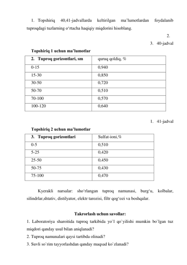 1. Topshiriq 
40,41-jadvallarda 
keltirilgan 
ma’lumotlardan 
foydalanib 
tuproqdagi tuzlarning o‘rtacha haqiqiy miqdorini hisoblang. 
2.  
3. 40-jadval  
Topshiriq 1 uchun ma’lumotlar 
2. Tuproq gorizontlari, sm 
quruq qoldiq, % 
0-15 
0,940 
15-30 
0,850 
30-50 
0,720 
50-70 
0,510 
70-100 
0,570 
100-120 
0,640 
 
1. 41-jadval 
Topshiriq 2 uchun ma’lumotlar 
3. Tuproq gorizontlari 
Sulfat-ioni,% 
0-5 
0,510 
5-25 
0,420 
25-50 
0,450 
50-75 
0,430 
75-100 
0,470 
 
Kyerakli narsalar: sho‘rlangan tuproq namunasi, burg‘u, kolbalar, 
silindrlar,shtativ, distilyator, elektr tarozisi, filtr qog‘ozi va boshqalar. 
 
Takrorlash uchun savollar: 
1. Laboratoriya sharoitida tuproq tarkibida yo`l qo`yilishi mumkin bo`lgan tuz 
miqdori qanday usul bilan aniqlanadi? 
2. Tuproq namunalari qaysi tartibda olinadi? 
3. Suvli so`rim tayyorlashdan qanday maqsad ko`zlanadi? 
