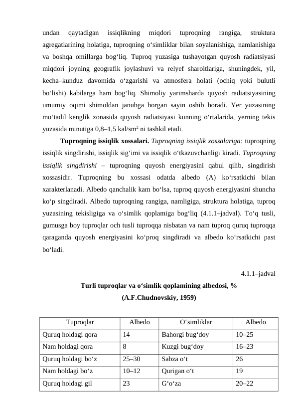 undan  qaytadigan  issiqlikning  miqdori  tuproqning  rangiga,  struktura
agregatlarining holatiga, tuproqning o‘simliklar bilan soyalanishiga, namlanishiga
va boshqa omillarga bog‘liq. Tuproq yuzasiga tushayotgan quyosh radiatsiyasi
miqdori  joyning  geografik  joylashuvi  va relyef  sharoitlariga,  shuningdek,  yil,
kecha–kunduz  davomida  o‘zgarishi  va  atmosfera  holati  (ochiq  yoki  bulutli
bo‘lishi) kabilarga ham bog‘liq. Shimoliy yarimsharda quyosh radiatsiyasining
umumiy oqimi shimoldan janubga borgan sayin oshib boradi. Yer yuzasining
mo‘tadil kenglik zonasida quyosh radiatsiyasi kunning o‘rtalarida, yerning tekis
yuzasida minutiga 0,8–1,5 kal/sm2 ni tashkil etadi.
Tuproqning issiqlik xossalari. Tuproqning issiqlik xossalariga: tuproqning
issiqlik singdirishi, issiqlik sig‘imi va issiqlik o‘tkazuvchanligi kiradi. Tuproqning
issiqlik  singdirishi  –  tuproqning  quyosh  energiyasini  qabul  qilib,  singdirish
xossasidir.  Tuproqning  bu  xossasi  odatda  albedo  (A)  ko‘rsatkichi  bilan
xarakterlanadi. Albedo qanchalik kam bo‘lsa, tuproq quyosh energiyasini shuncha
ko‘p singdiradi. Albedo tuproqning rangiga, namligiga, struktura holatiga, tuproq
yuzasining tekisligiga va o‘simlik qoplamiga bog‘liq (4.1.1–jadval). To‘q tusli,
gumusga boy tuproqlar och tusli tuproqqa nisbatan va nam tuproq quruq tuproqqa
qaraganda quyosh energiyasini  ko‘proq singdiradi  va albedo ko‘rsatkichi  past
bo‘ladi. 
4.1.1–jadval
Turli tuproqlar va o‘simlik qoplamining albedosi, %
(A.F.Chudnovskiy, 1959)
Tuproqlar
Albedo
O‘simliklar 
Albedo
Quruq holdagi qora
14
Bahorgi bug‘doy 
10–25
Nam holdagi qora
8
Kuzgi bug‘doy
16–23
Quruq holdagi bo‘z
25–30
Sabza o‘t
26
Nam holdagi bo‘z
10–12
Qurigan o‘t 
19
Quruq holdagi gil
23
G‘o‘za
20–22
